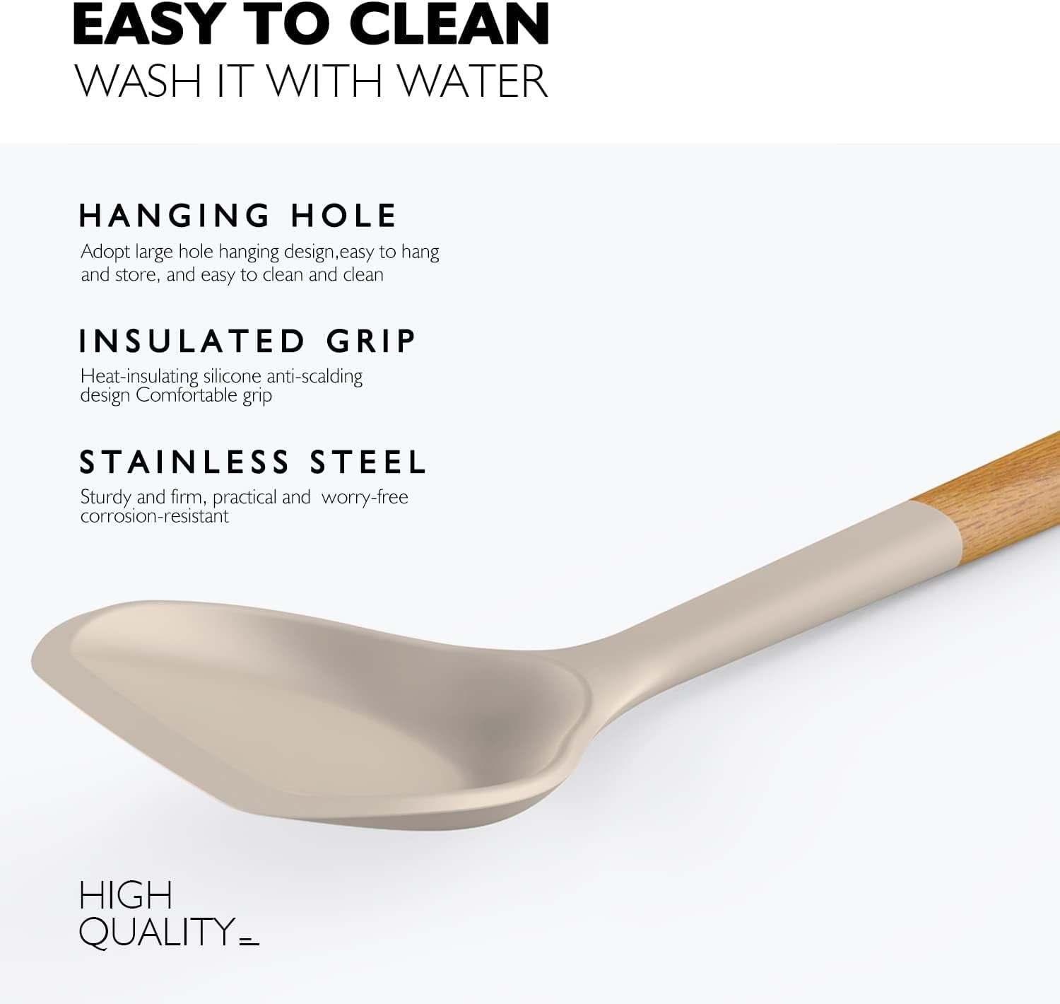 Large Silicone Cooking Utensils - Kitchen Utensil Set with Wooden Handles, Spatula,Turner, Slotted Spoon, Pasta server, Kitchen Gadgets Tools Sets for Non-Stick Cookware (Khaki)