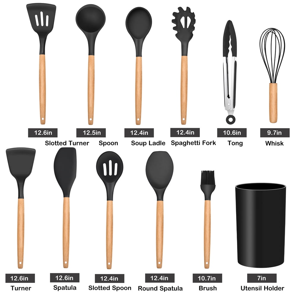 12-Piece Silicone Kitchen Cooking Utensils Set with Holder, Wooden Handle Utensils for Cooking, Kitchen Tools Include Spatula Turner Spoons Soup Ladle Tong Whisk, Black