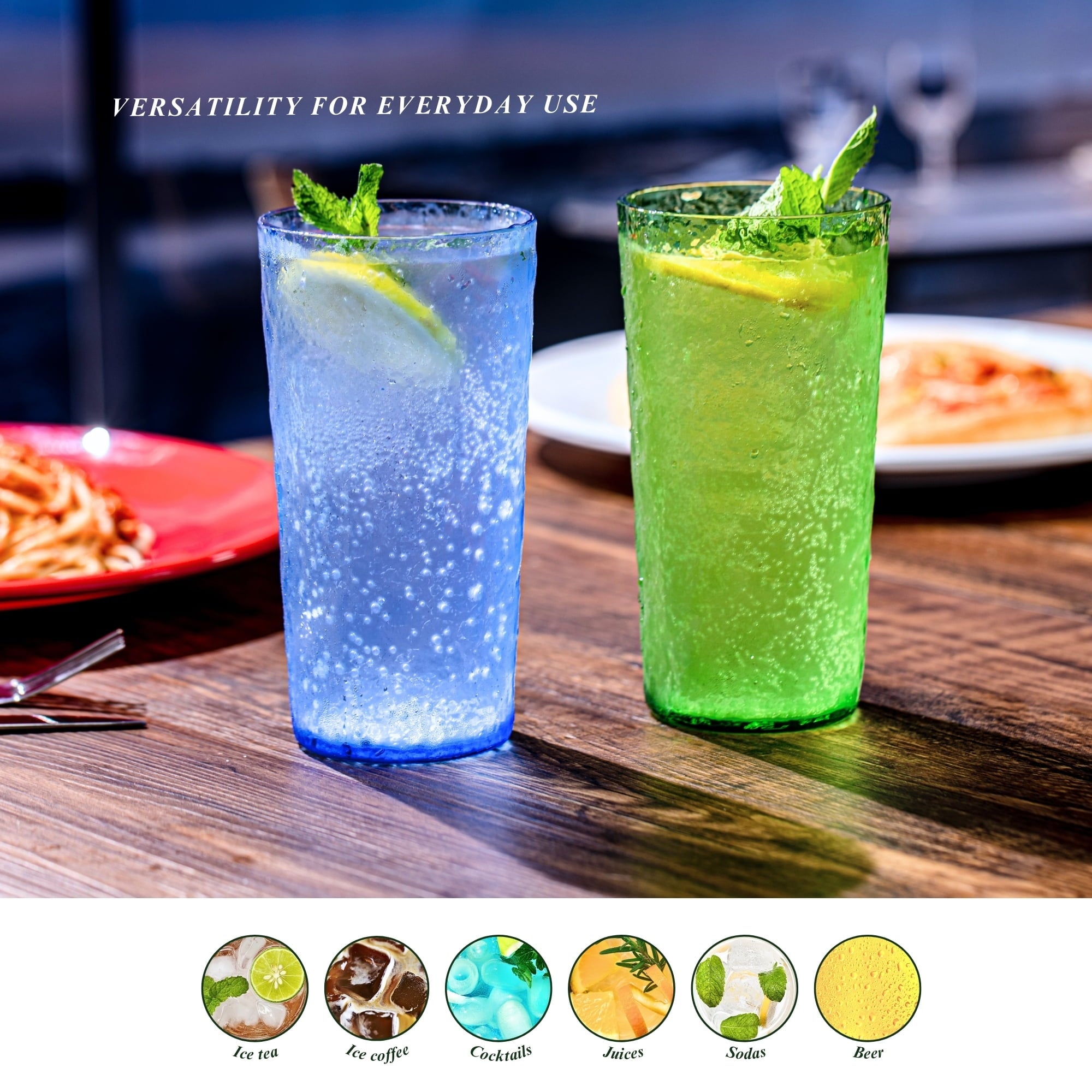 18oz Blue Acrylic Glasses Drinkware (Set of 8), Ice-Carved Shatter-Proof Plastic Tumblers