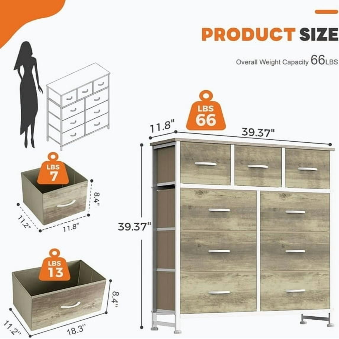 Dresser, Storage Organizer with 9 Drawers for Bedroom, Chest of Drawer with Fabric Bin, Sturdy Metal Frame, Wood Top for Closet, Nursery,Black
