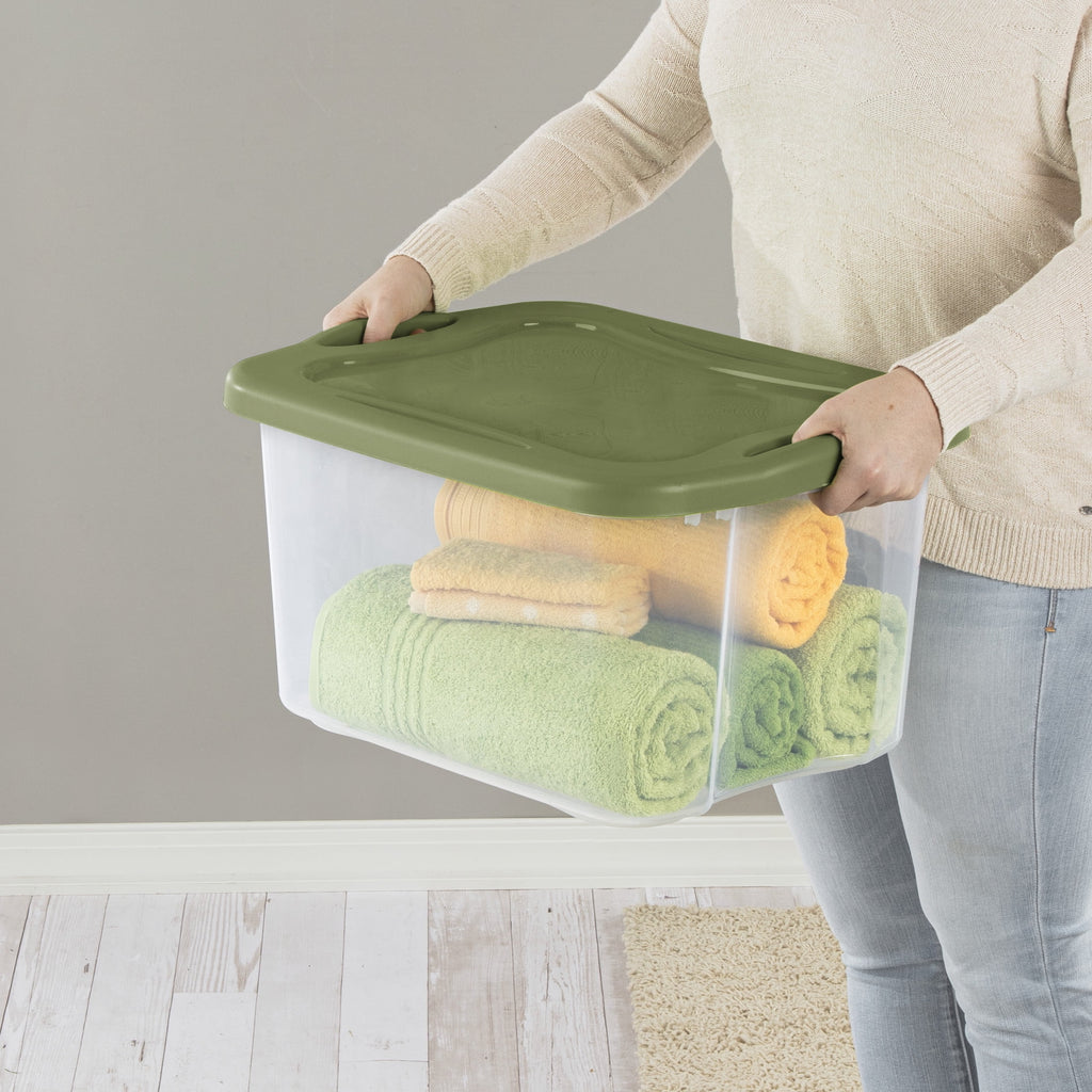 EZ Carry 40 Quart Medium Storage Bin, Clear Plastic Storage Container with Full-Grip Handles, Green