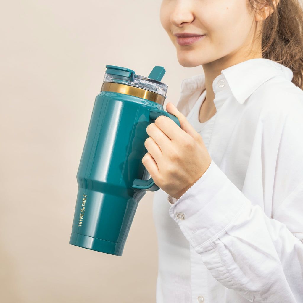 Thyme &amp; Table 32 fl oz Stainless Steel Luna Tumbler with Handle and Dual Straw Lid, Cream &amp; Black Check