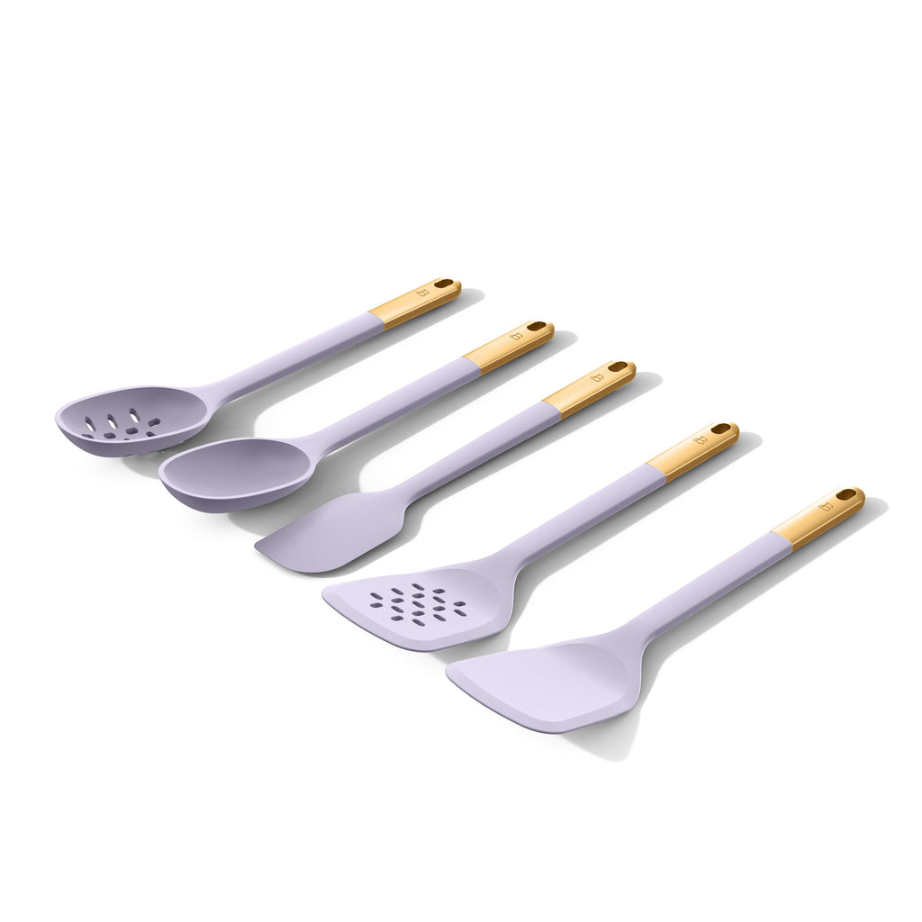 6-Piece Silicone Tool Set with Ceramic Crock, Porcini Taupe by Drew Barrymore