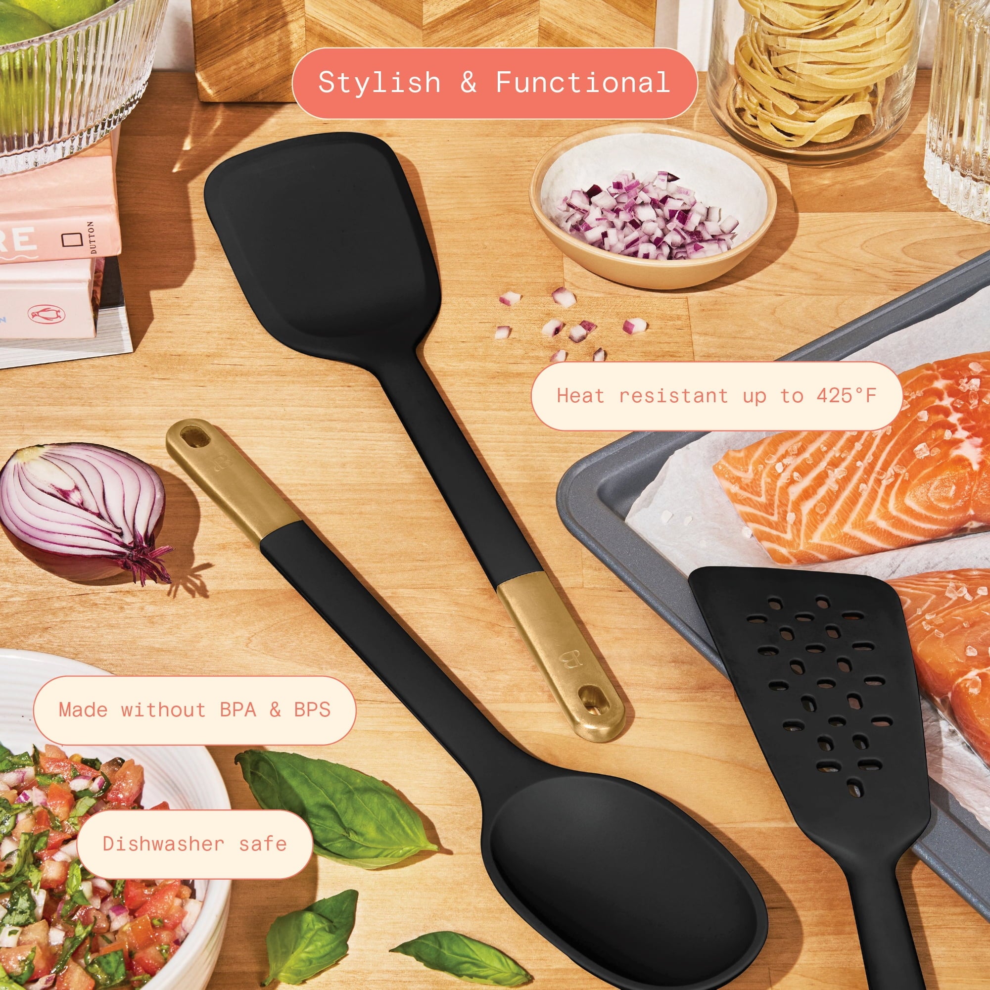 3-Piece Silicone Kitchen Utensil Tool Set, Porcini Taupe by Drew Barrymore