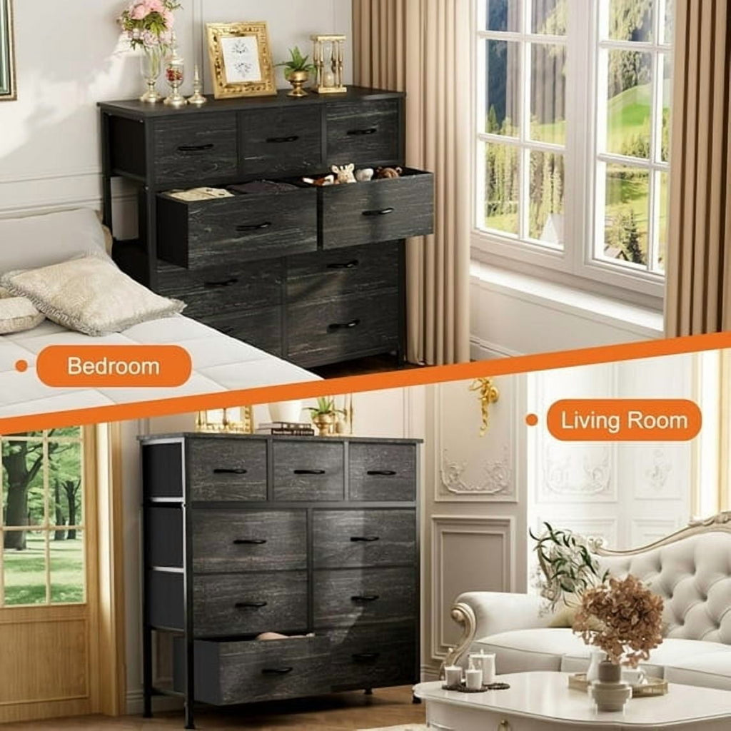 Dresser, Storage Organizer with 9 Drawers for Bedroom, Chest of Drawer with Fabric Bin, Sturdy Metal Frame, Wood Top for Closet, Nursery,Black