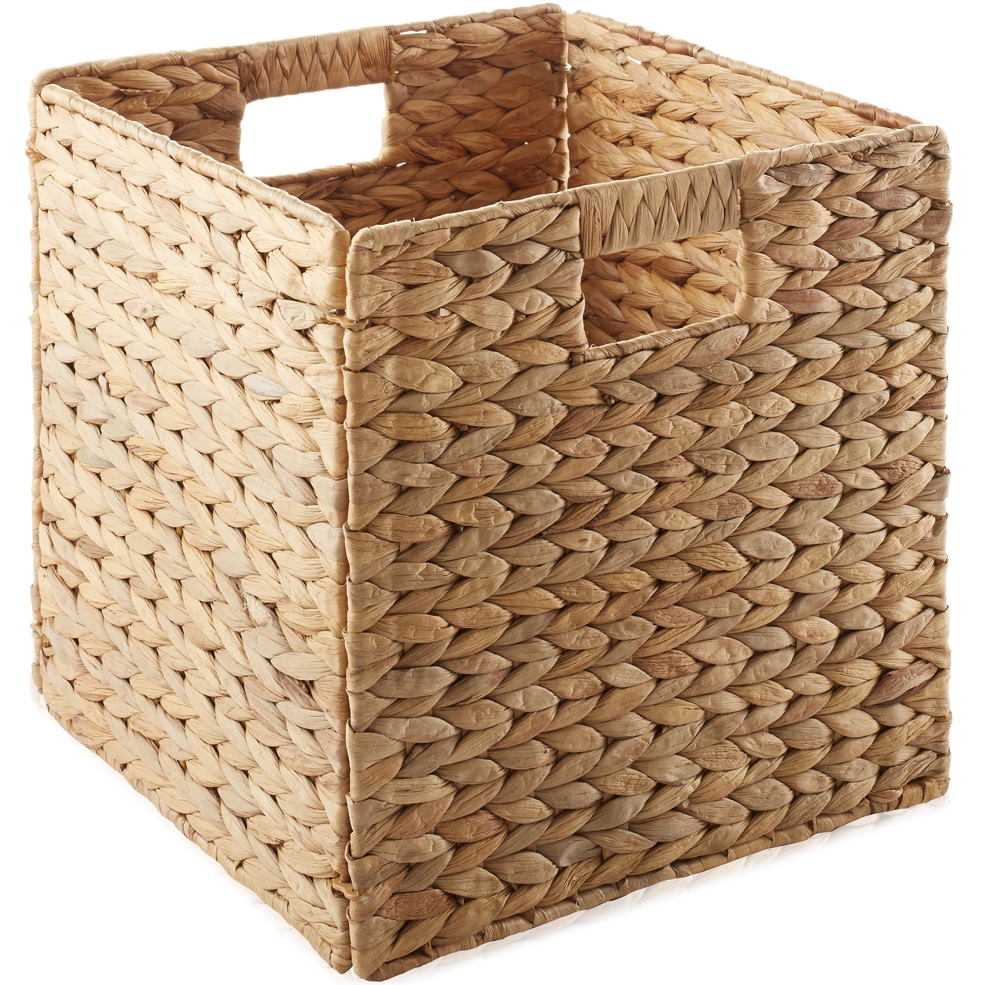 13" x 13" Water Hyacinth Storage Baskets, Natural - Set of 2 Collapsible Cube Organizers, Woven Bins for Bathroom, Bedroom, Laundry, Pantry, Shelves