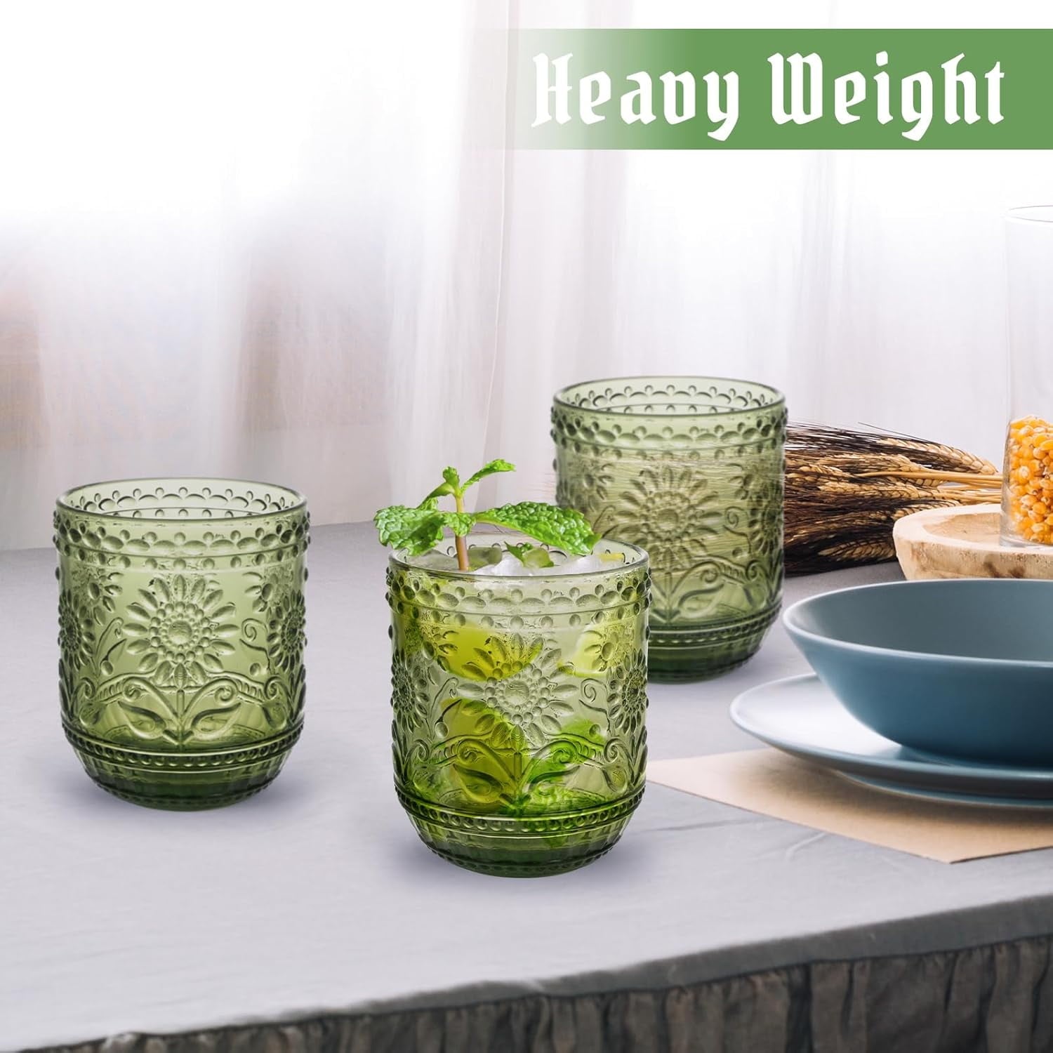 Vintage Drinking Glass Set of 4,12 oz Embossed Floral Drinkware Set,Green Drinking Glasses Cups Wine Glasses Colored Glassware for Whisky,Beer,Juice,Cocktail,Heavy Duty