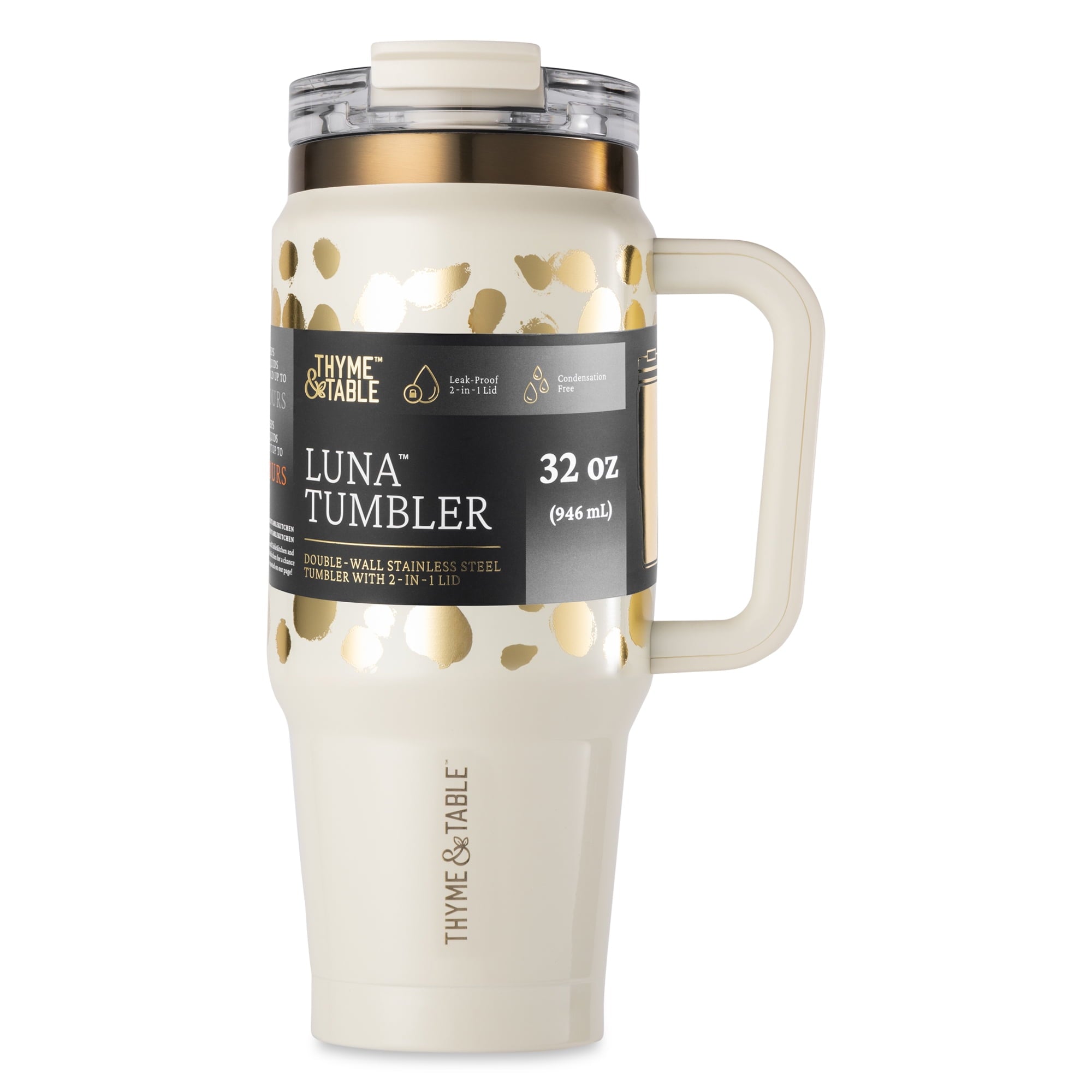 Thyme &amp; Table 32 fl oz Stainless Steel Luna Tumbler with Handle and Dual Straw Lid, Cream &amp; Black Check