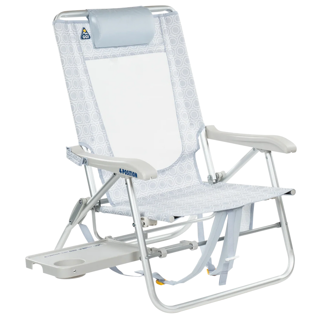 Front right view of the GCI Big Surf beach chair in light blue mosaic with the slide-out side table extended.