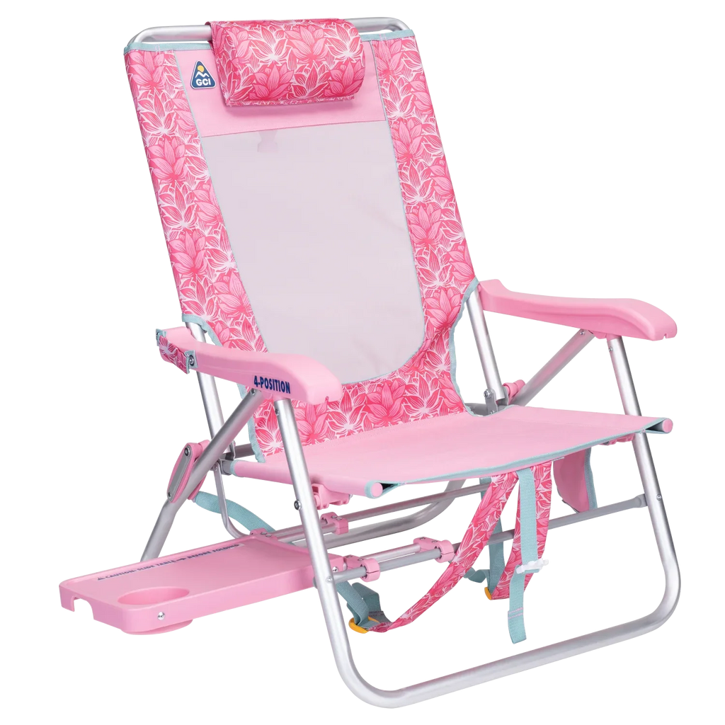Front right view of the GCI Big Surf beach chair in pink lotus with the slide-out side table extended.