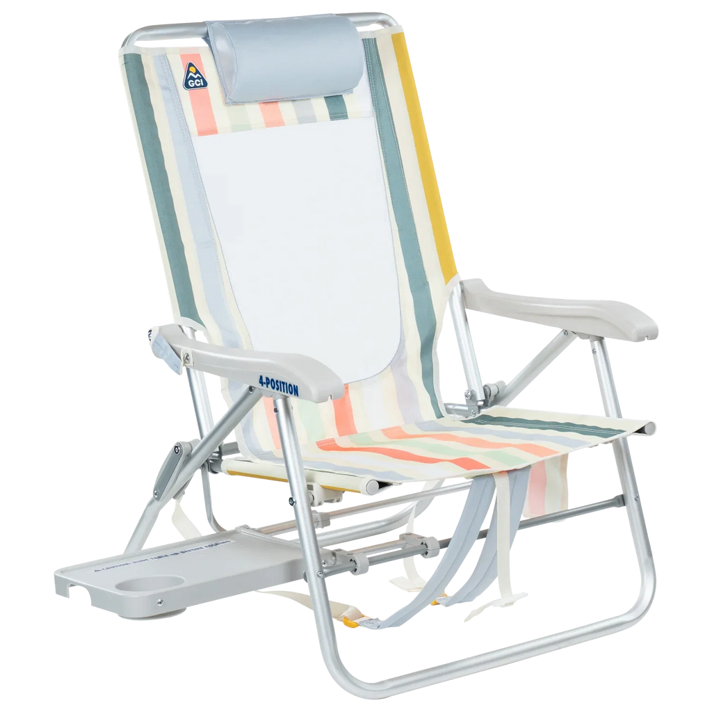 Front right view of the GCI Big Surf beach chair in retro beach stripes with the slide-out side table extended.