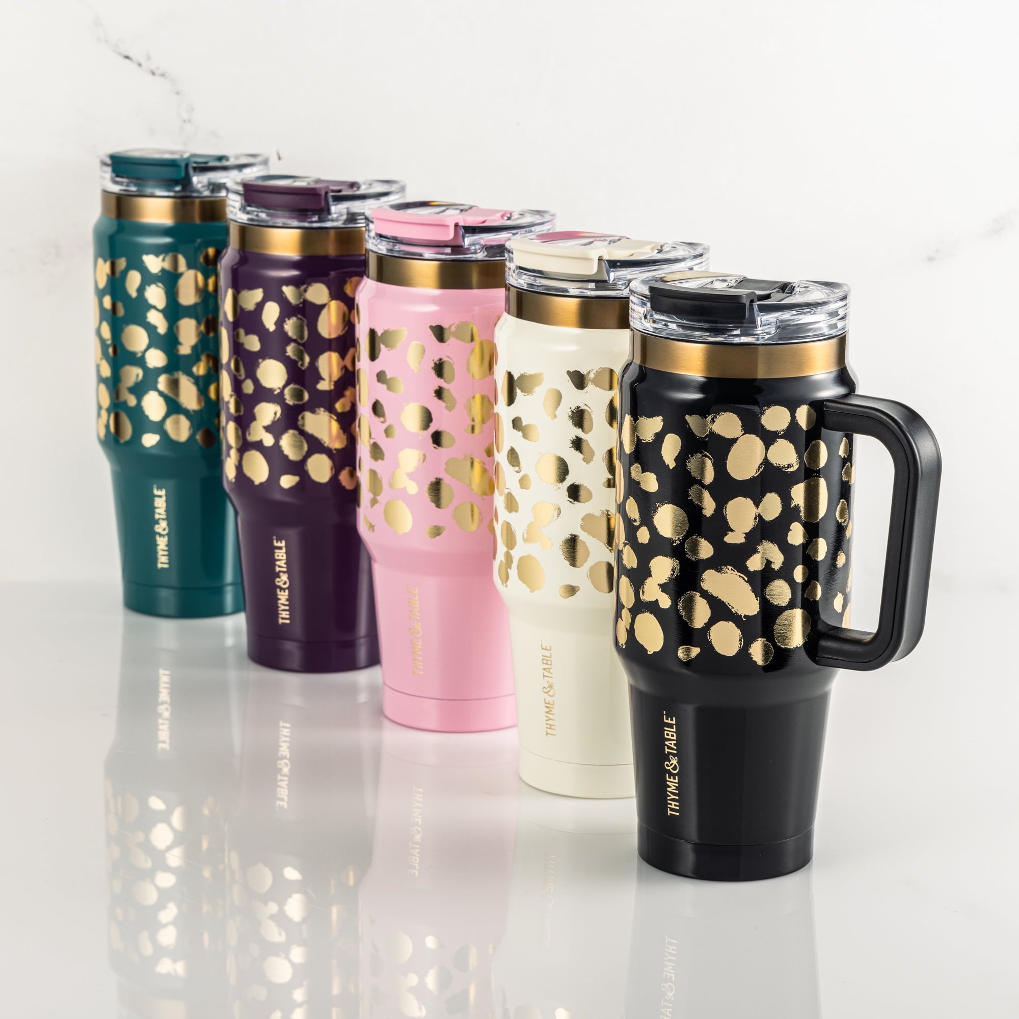 Thyme &amp; Table 32 fl oz Stainless Steel Luna Tumbler with Handle and Dual Straw Lid, Cream &amp; Black Check