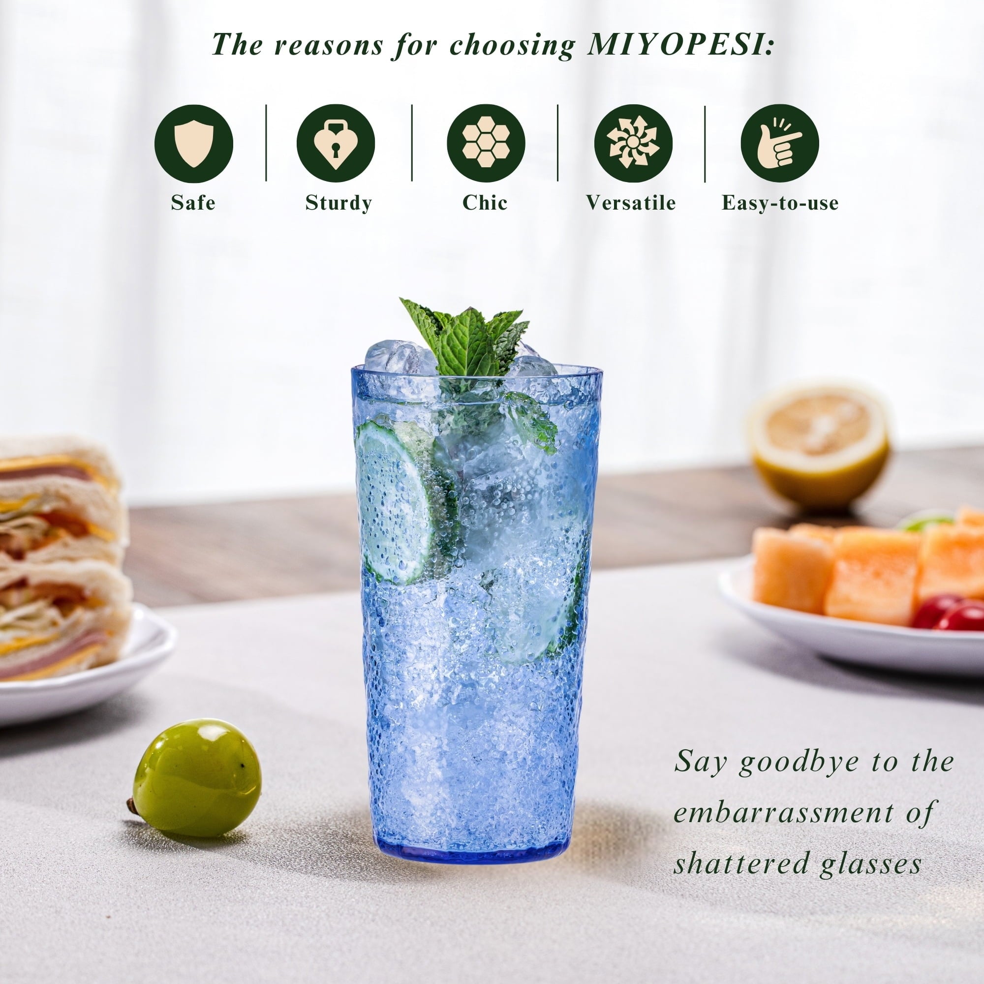 18oz Blue Acrylic Glasses Drinkware (Set of 8), Ice-Carved Shatter-Proof Plastic Tumblers