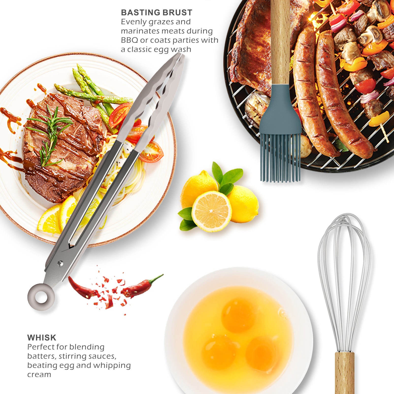 Silicone Cooking Utensils Set - 446°F Silicone Kitchen Utensils for Cooking,Kitchen Utensil Spatula Set w Wooden Handles and Holder, BPA FREE Gadgets for Non-Stick Cookware (Navy Blue)