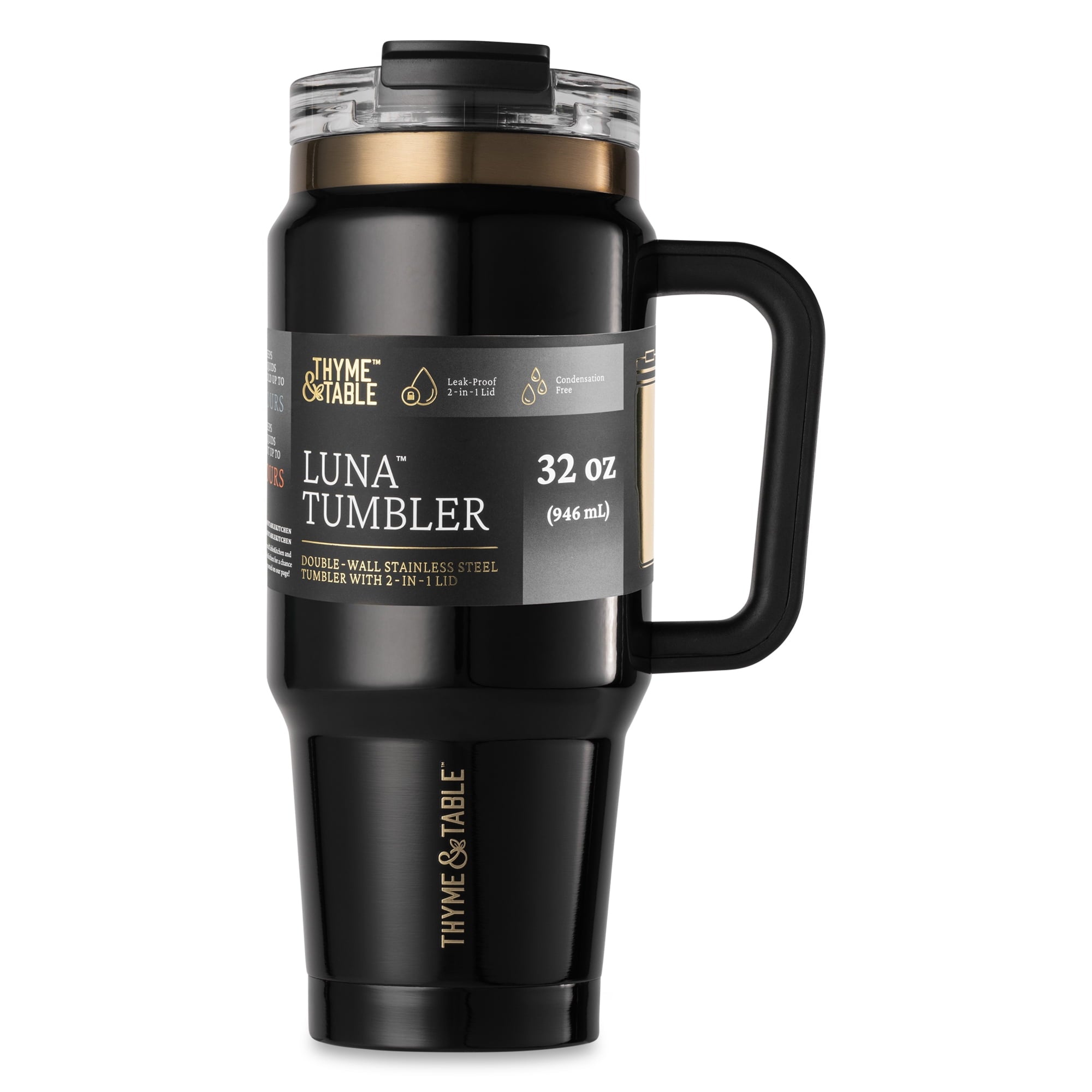 Thyme &amp; Table 32 fl oz Stainless Steel Luna Tumbler with Handle and Dual Straw Lid, Cream &amp; Black Check