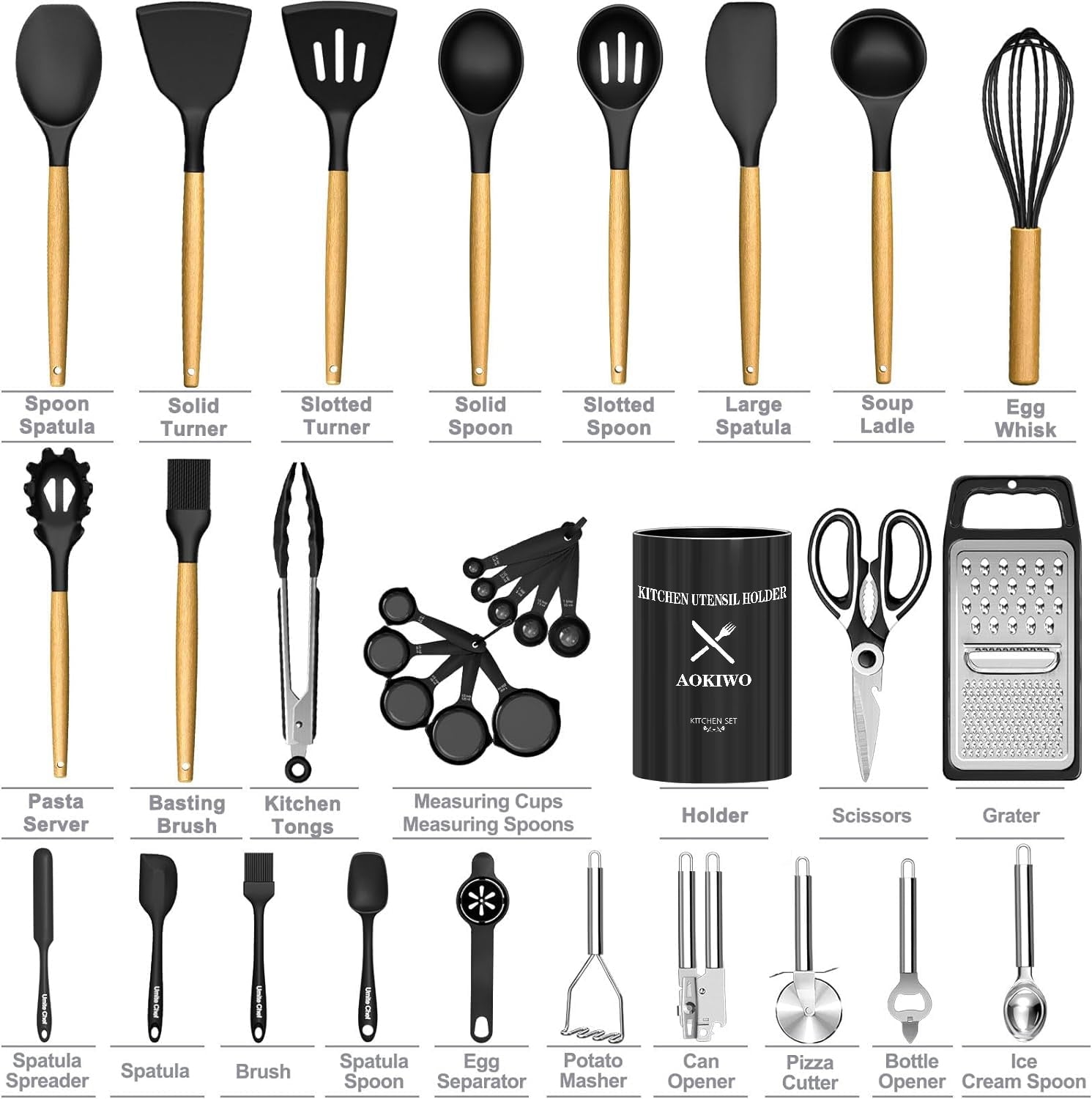 Kitchen Utensil Set, 34Pieces Silicone Cooking Utensil Set with Wooden Handle, Spatula Set Gadgets Tools Cookware, Black