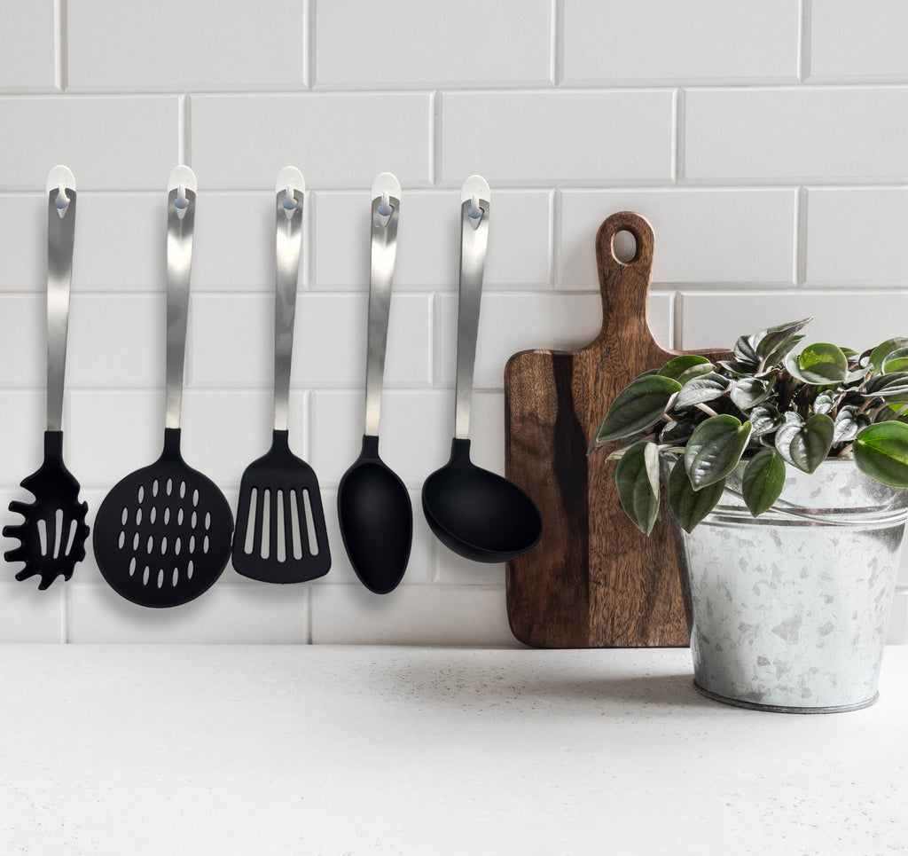 Stainless Steel and Nylon Kitchen and Cooking Utensil Set, Spoon, Spatula, Ladle, Pasta Spoon and Skimmer Assorted Colors