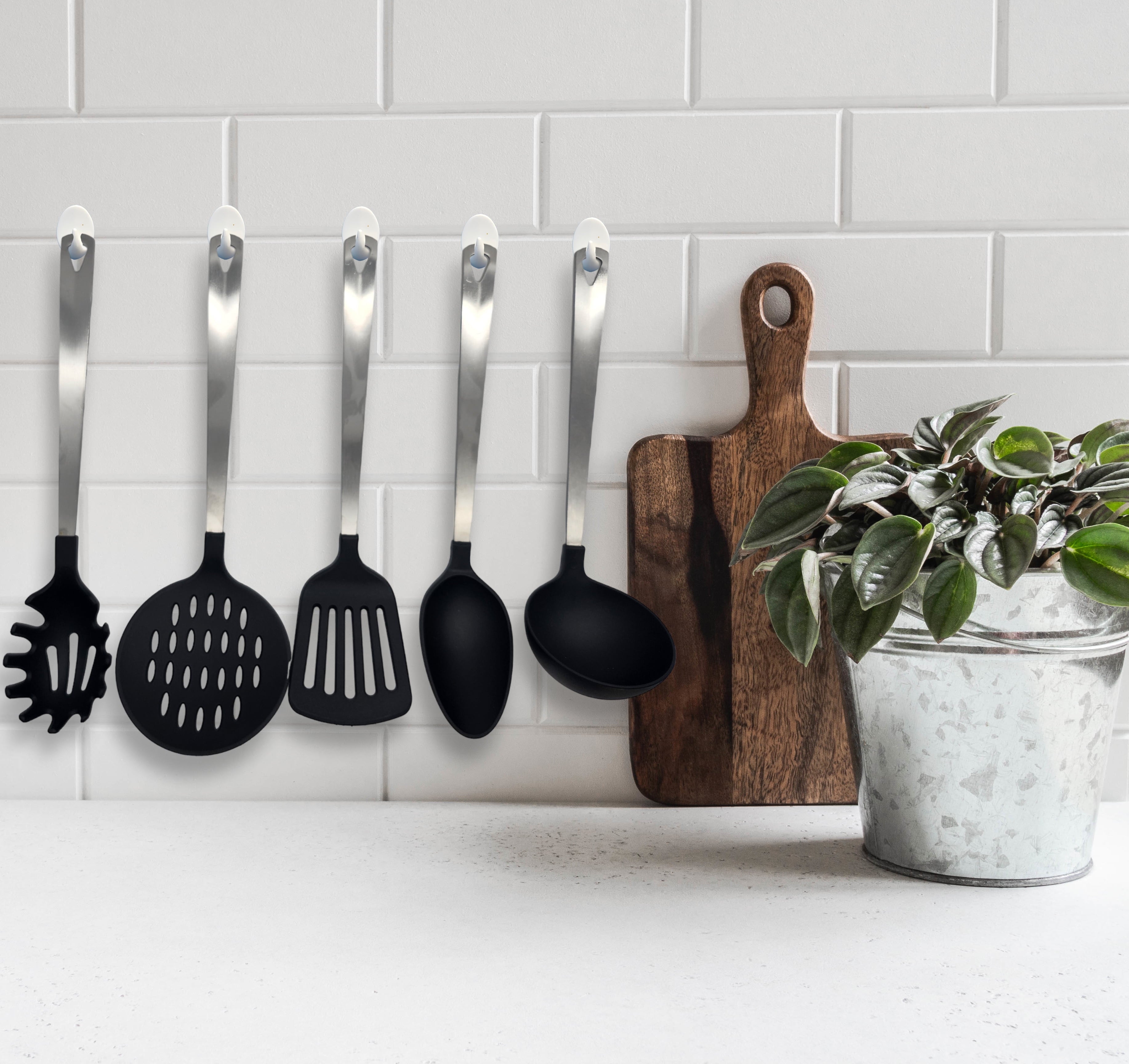 Stainless Steel and Nylon Kitchen and Cooking Utensil Set, Spoon, Spatula, Ladle, Pasta Spoon and Skimmer Assorted Colors