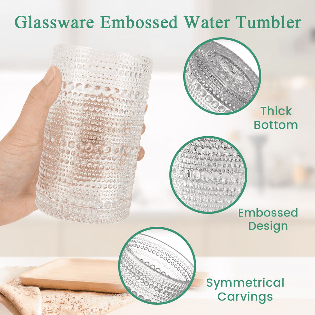 12 oz Vintage Hobnail Drinking Glasses ,Hobnail Glass Cups Set of 6, Embossed Water Tumbler, Cups for Kitchen, Beaded Glassware, Highball Glasses for Whiskey, Juice, Water, Beer