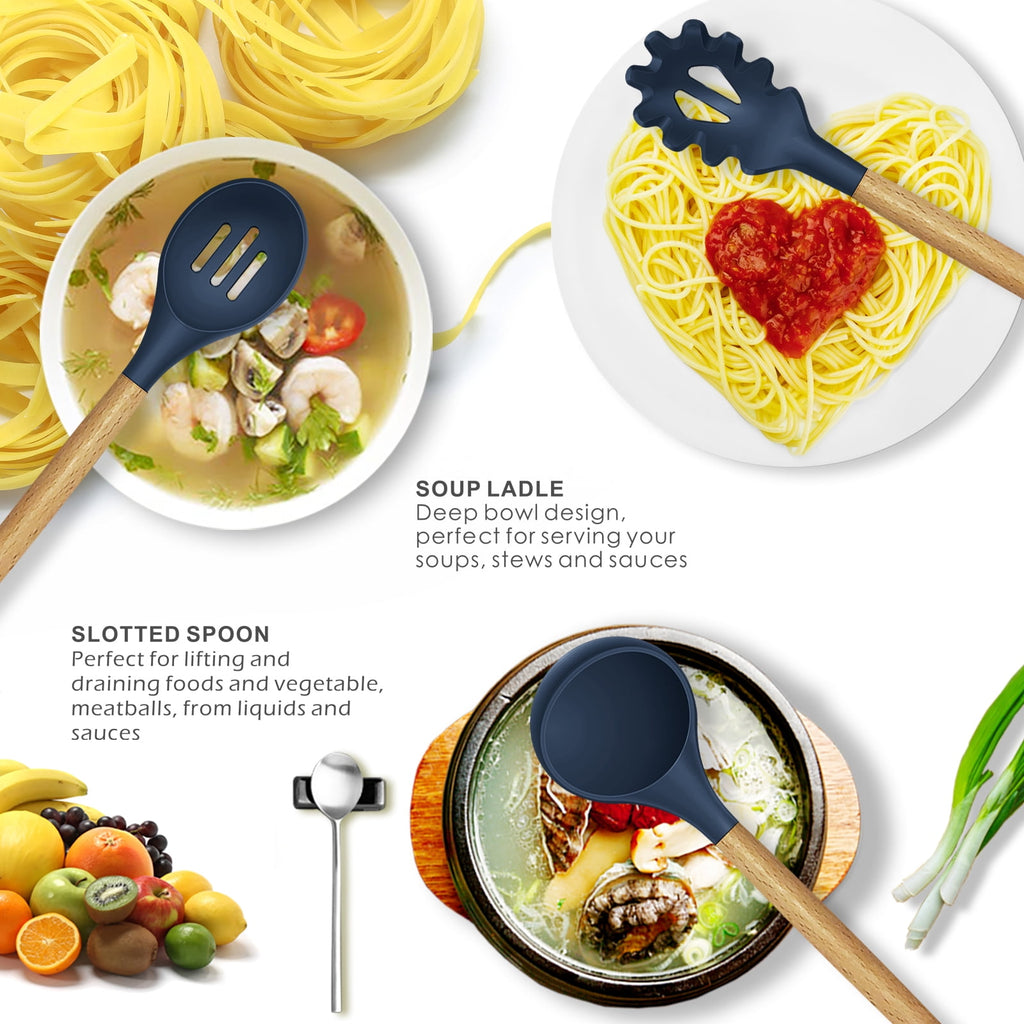 Silicone Cooking Utensils Set - 446°F Silicone Kitchen Utensils for Cooking,Kitchen Utensil Spatula Set w Wooden Handles and Holder, BPA FREE Gadgets for Non-Stick Cookware (Navy Blue)