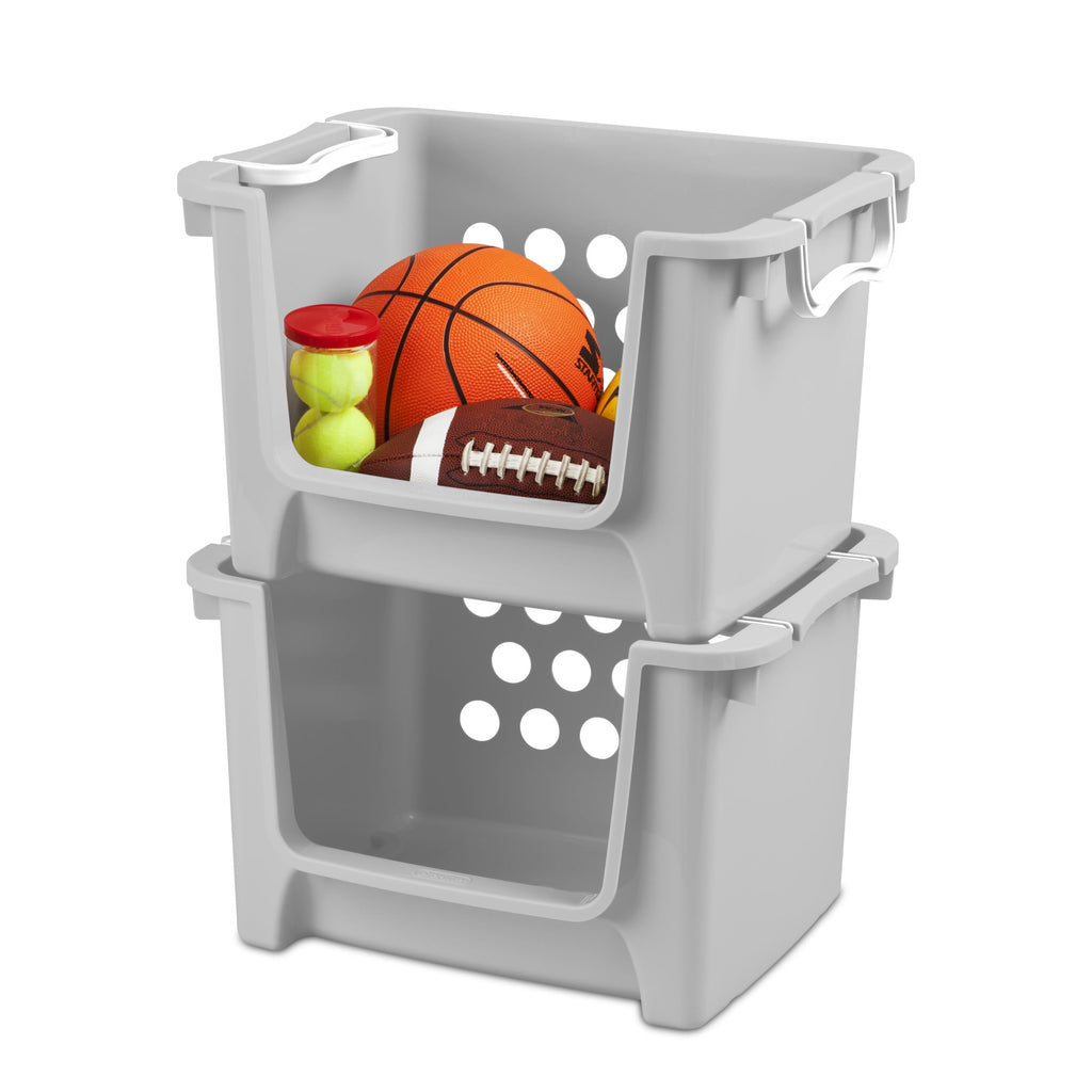 Kids Grey Open Front Stacking Toy Storage Bin with Handles, Grey