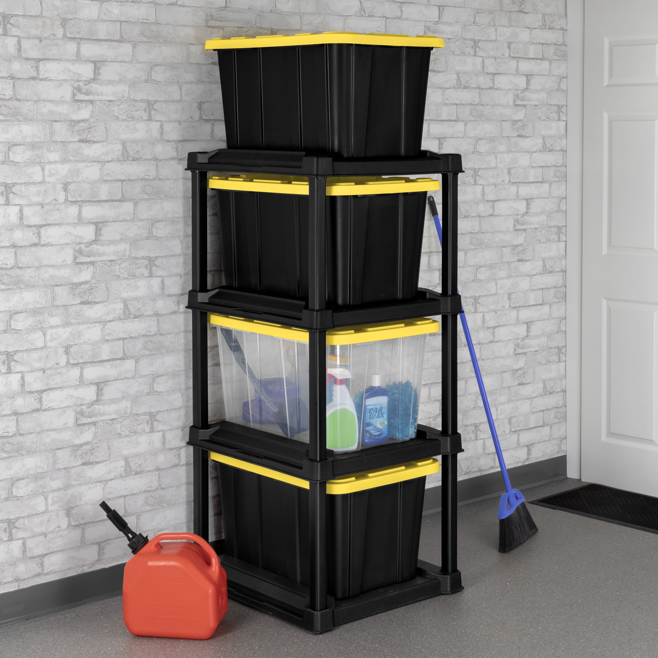 4 Tier Plastic Tote Rack, Holds Four 27 Gallon Industrial Storage Bins, Rugged and , Black