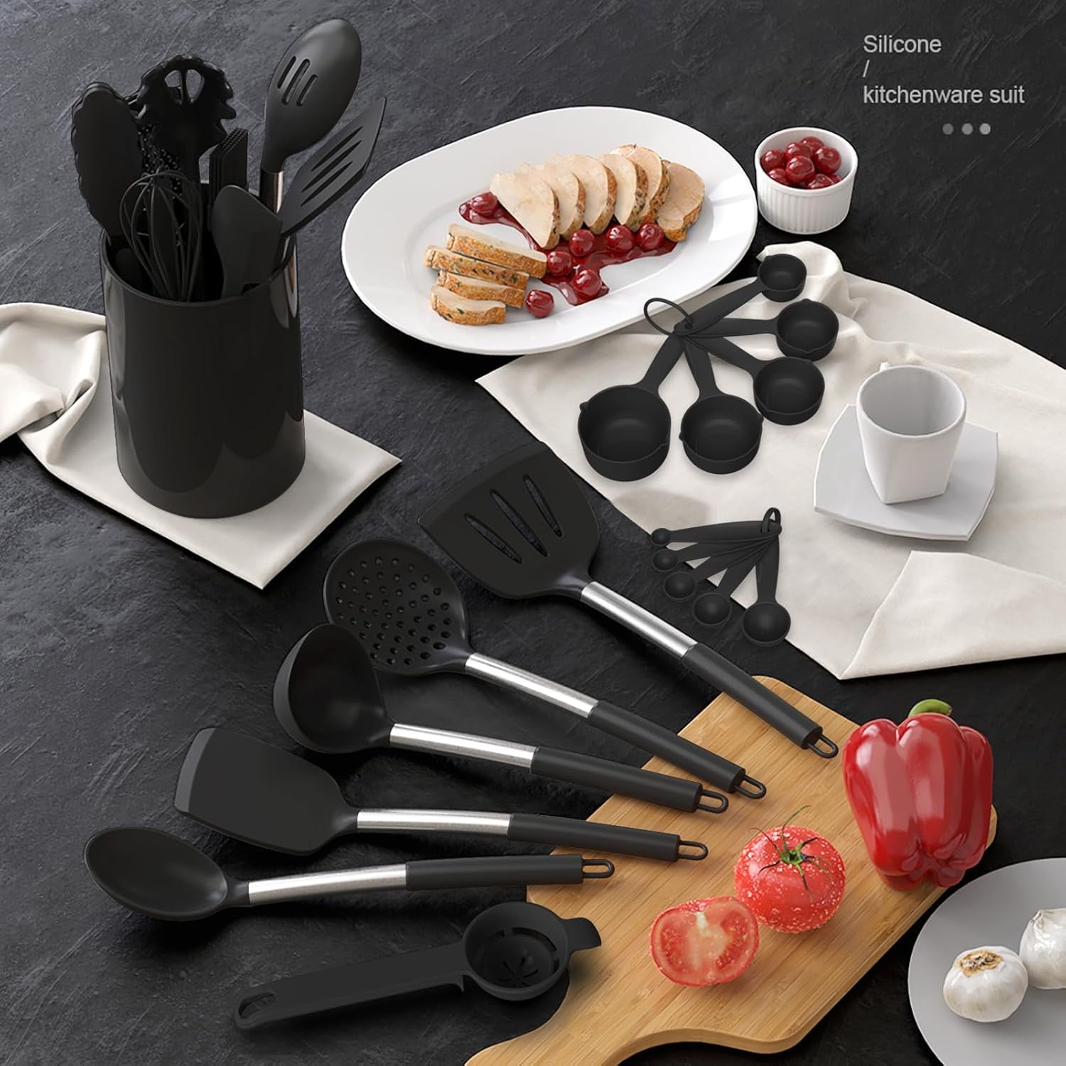 Large Silicone Cooking Utensils Set - Kitchen Utensils,Turner Tongs,Spatula,Spoon,Brush,Whisk,Stainless Steel Silicone Cooking Tool for Nonstick Cookware, (Khaki)