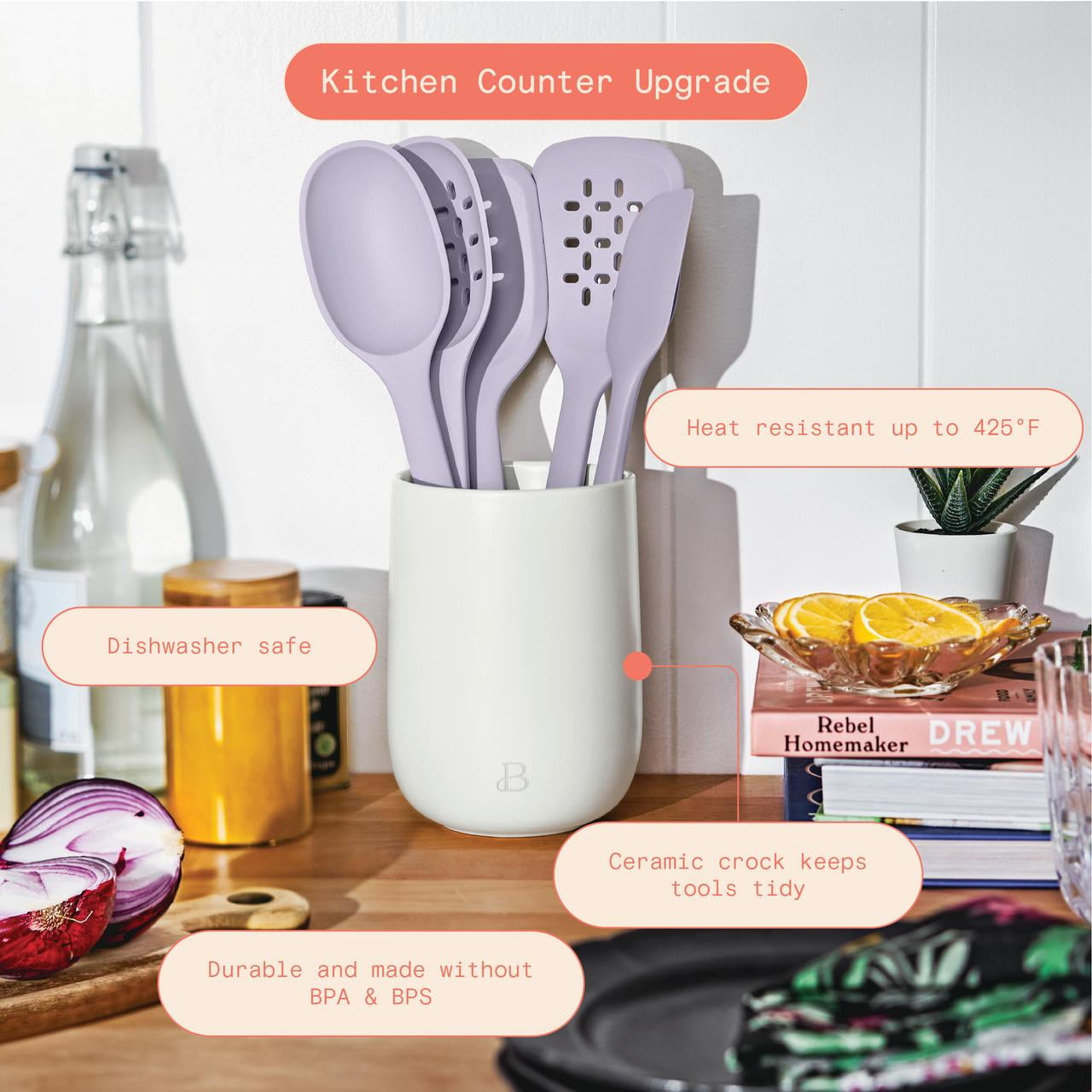 6-Piece Silicone Tool Set with Ceramic Crock, Porcini Taupe by Drew Barrymore