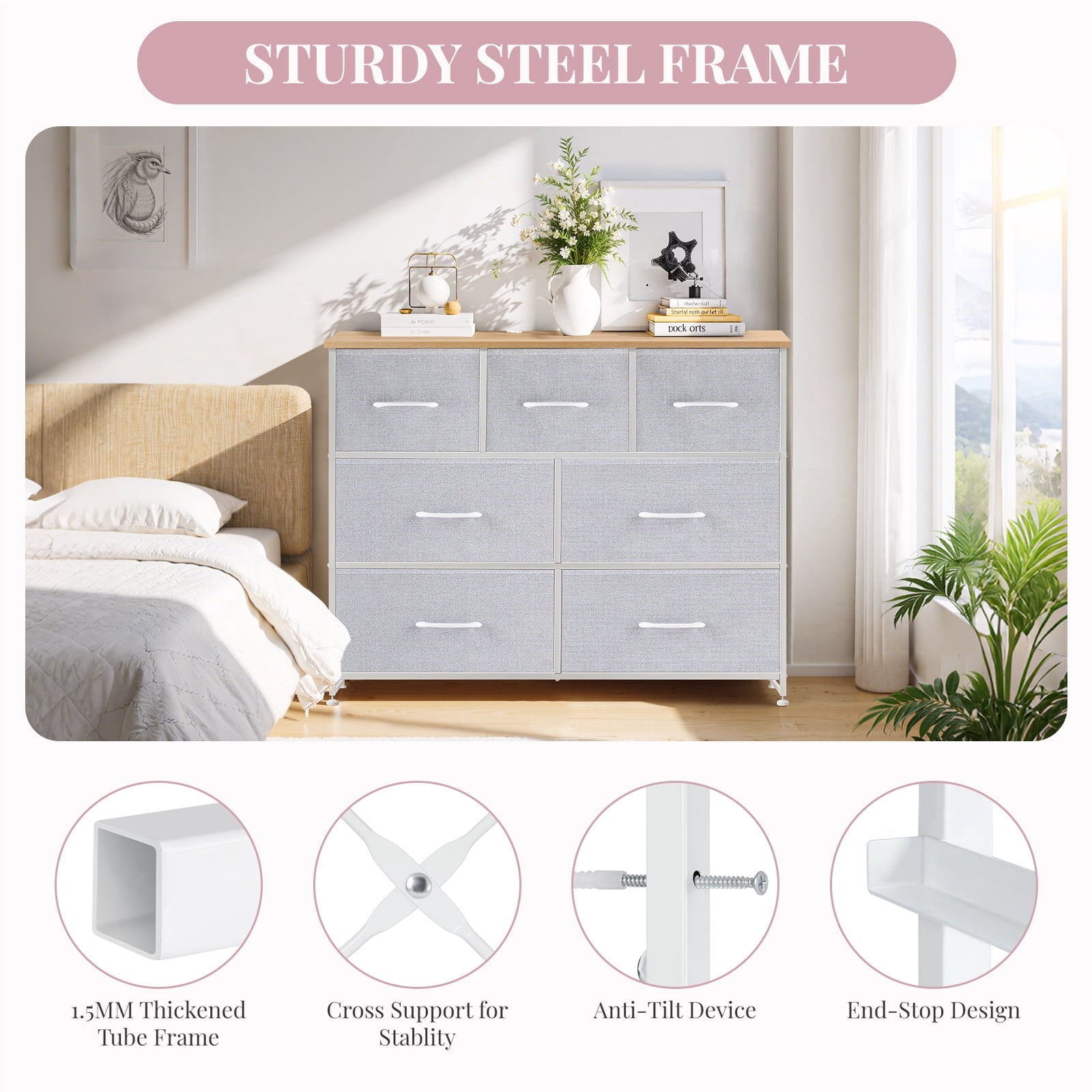 Dresser, Storage Organizer with 7 Drawers for Bedroom, Chest of Drawers with Fabric Bins, Sturdy Metal Frame, Wood Tabletop for Guest Room, Closet, Entryway, Nursery, Black