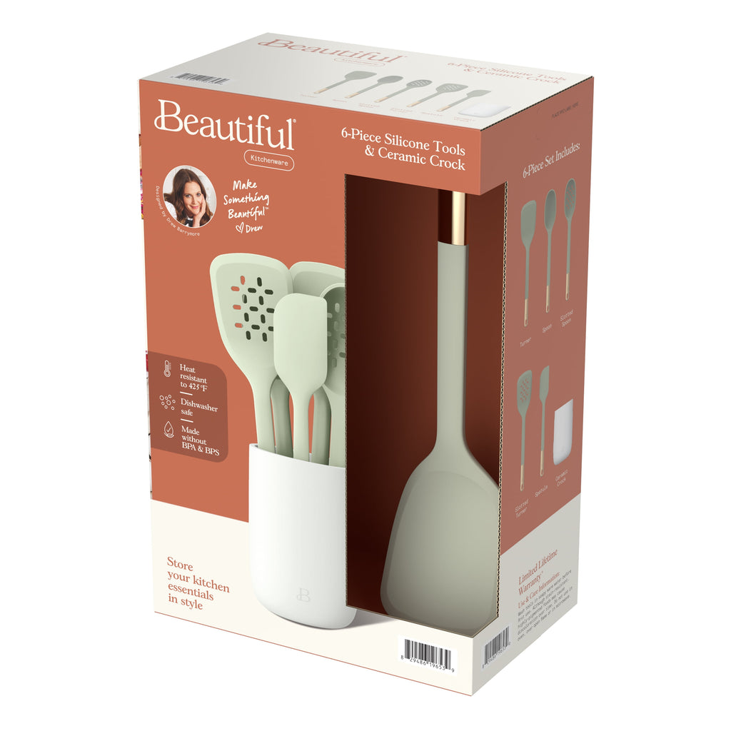 6-Piece Silicone Tool Set with Ceramic Crock, Porcini Taupe by Drew Barrymore