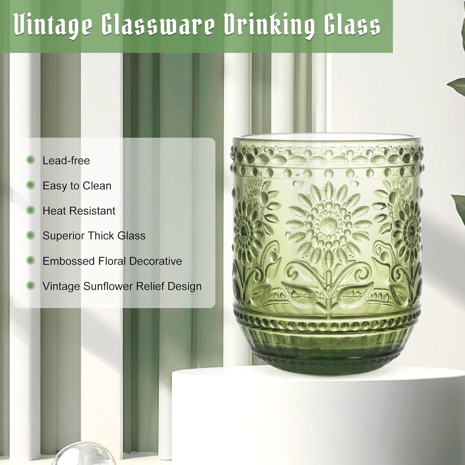 Vintage Drinking Glass Set of 4,12 oz Embossed Floral Drinkware Set,Green Drinking Glasses Cups Wine Glasses Colored Glassware for Whisky,Beer,Juice,Cocktail,Heavy Duty