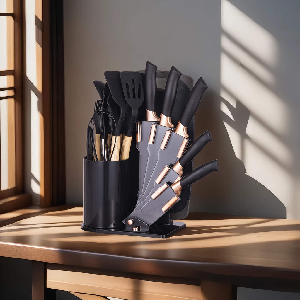 19-Piece Silicone Kitchen Utensil &amp; Knife Set - Heat-Resistant Cooking Tools Non-Stick Safe Gift for Mom or Women Black