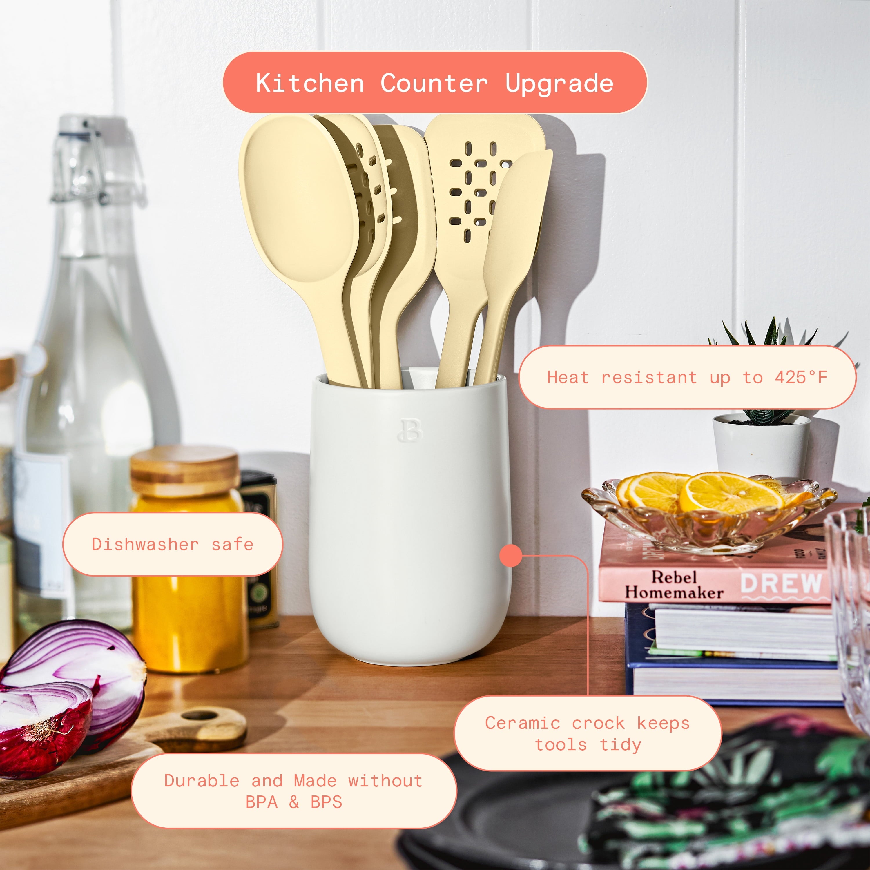 6-Piece Silicone Tool Set with Ceramic Crock, Porcini Taupe by Drew Barrymore