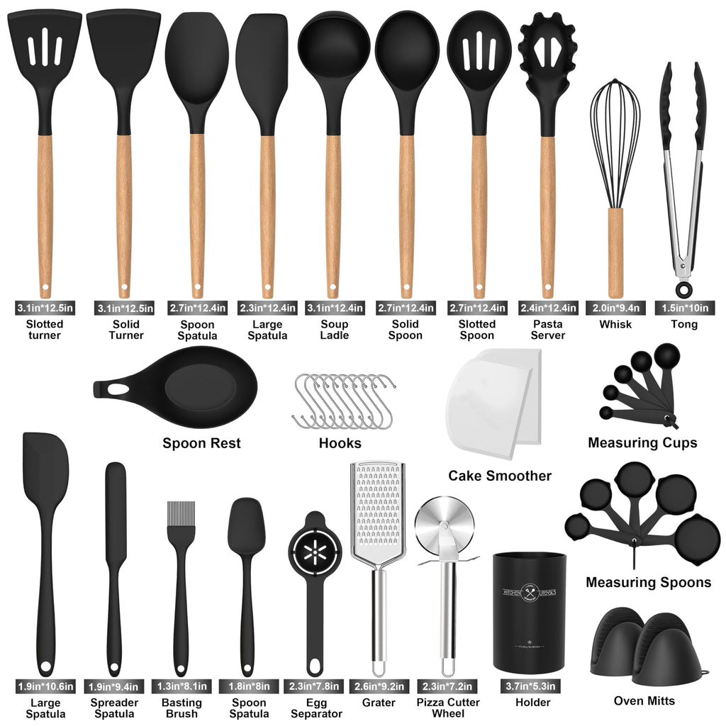 43Pcs Silicone Cooking Utensils Set - 446°F Non-Stick Kitchen Utensils, Kitchen Utensil Gadgets Tools Set for Baking, Cooking, and Mixing, (BPA Free)(Black)