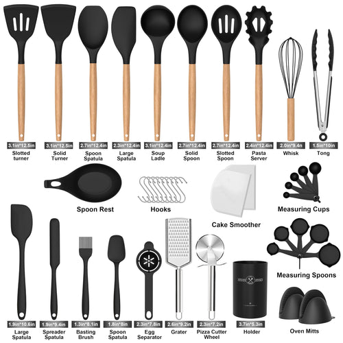43Pcs Silicone Cooking Utensils Set - 446°F Non-Stick Kitchen Utensils, Kitchen Utensil Gadgets Tools Set for Baking, Cooking, and Mixing, (BPA Free)(Black)
