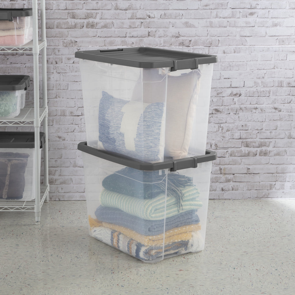 108 Quart Extra-Large Storage Bin, Clear Plastic Storage Container with Latch Lid, Dark Gray