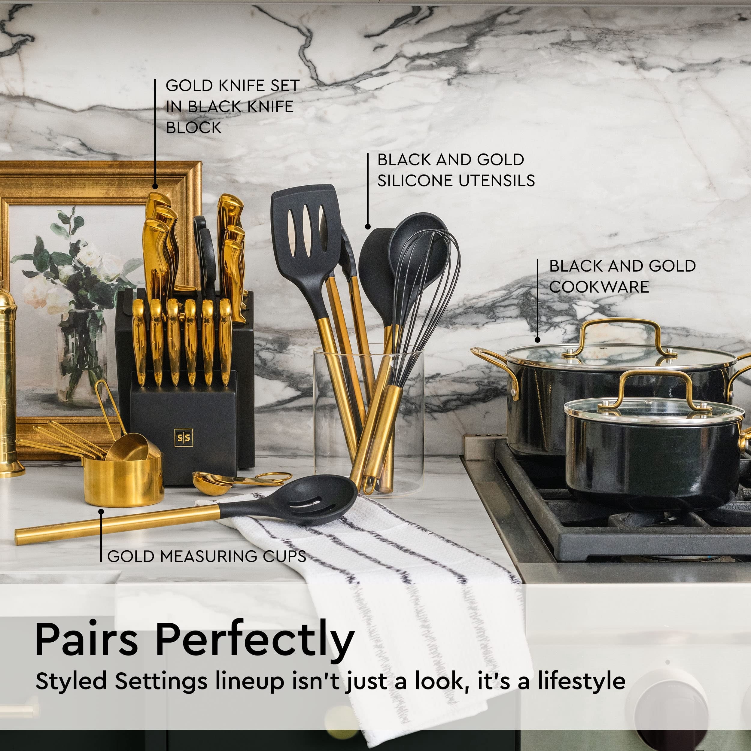 White Silicone and Gold Cooking Utensils Set