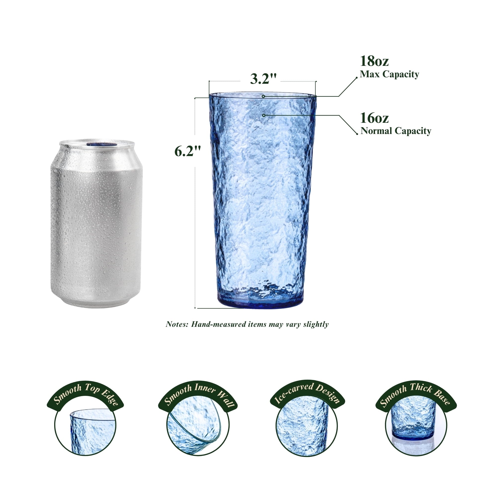 18oz Blue Acrylic Glasses Drinkware (Set of 8), Ice-Carved Shatter-Proof Plastic Tumblers