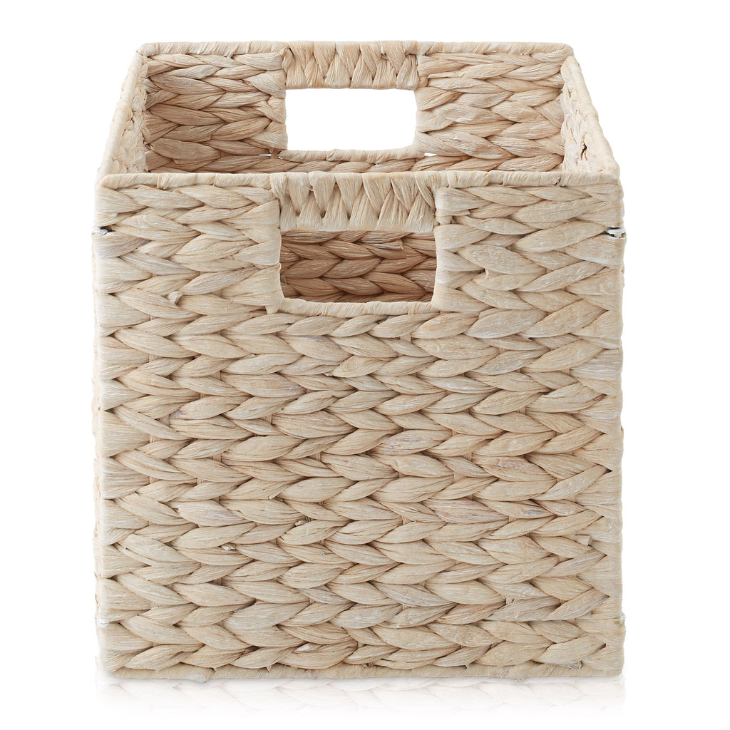 10.5" x 10.5" Water Hyacinth Storage Baskets, Natural - Set of 2 Collapsible Cube Organizers, Woven Bins for Bathroom, Bedroom, Laundry, Pantry, Shelves