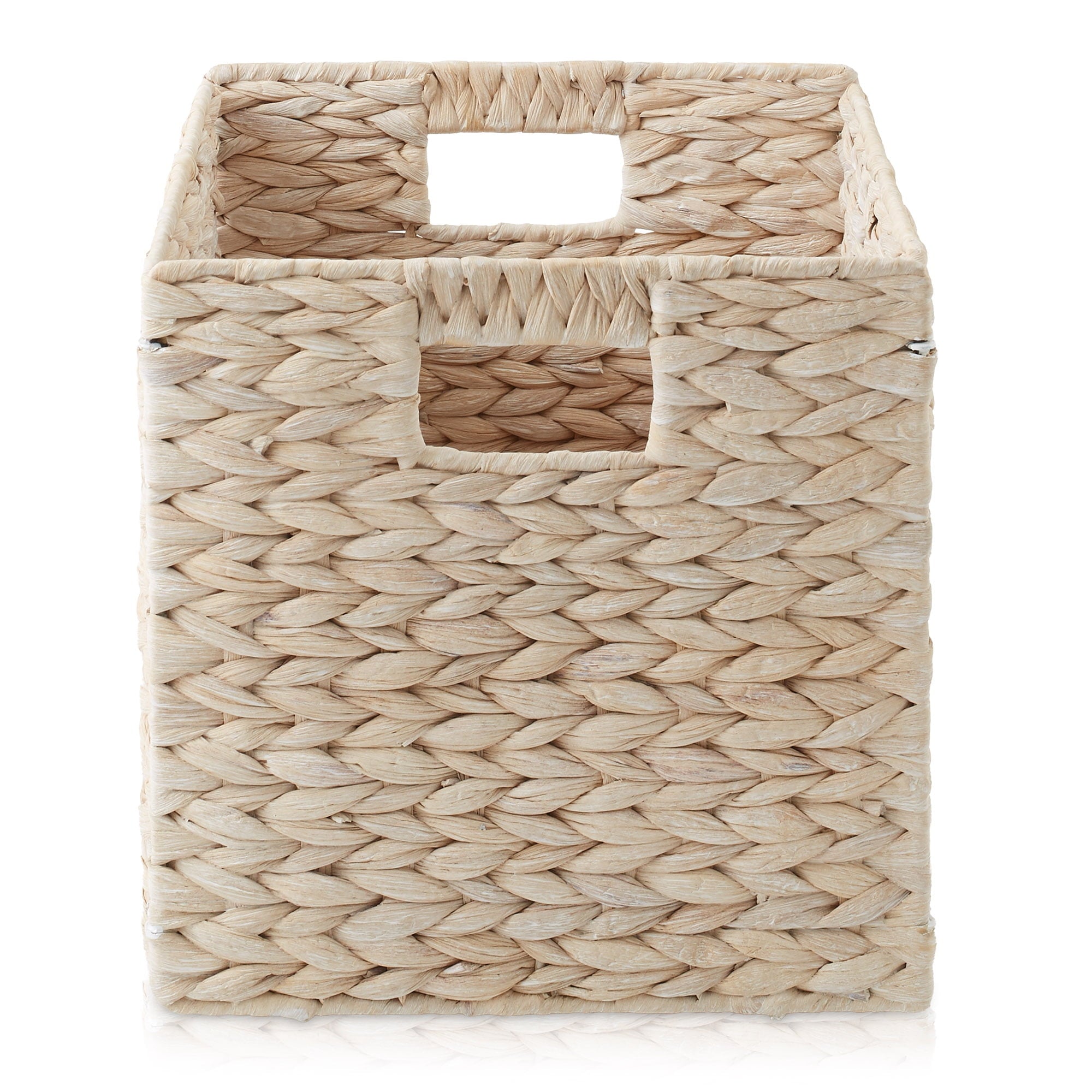 10.5" x 10.5" Water Hyacinth Storage Baskets, Natural - Set of 2 Collapsible Cube Organizers, Woven Bins for Bathroom, Bedroom, Laundry, Pantry, Shelves