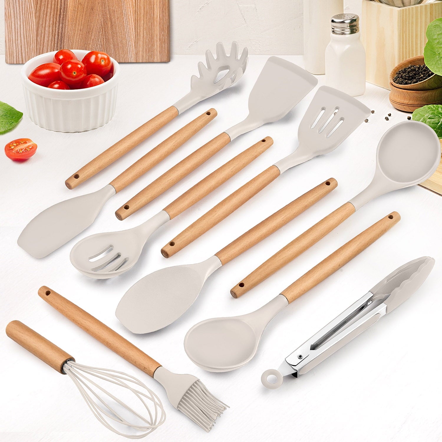 12-Piece Silicone Kitchen Cooking Utensils Set with Holder, Wooden Handle Utensils for Cooking, Kitchen Tools Include Spatula Turner Spoons Soup Ladle Tong Whisk, Black