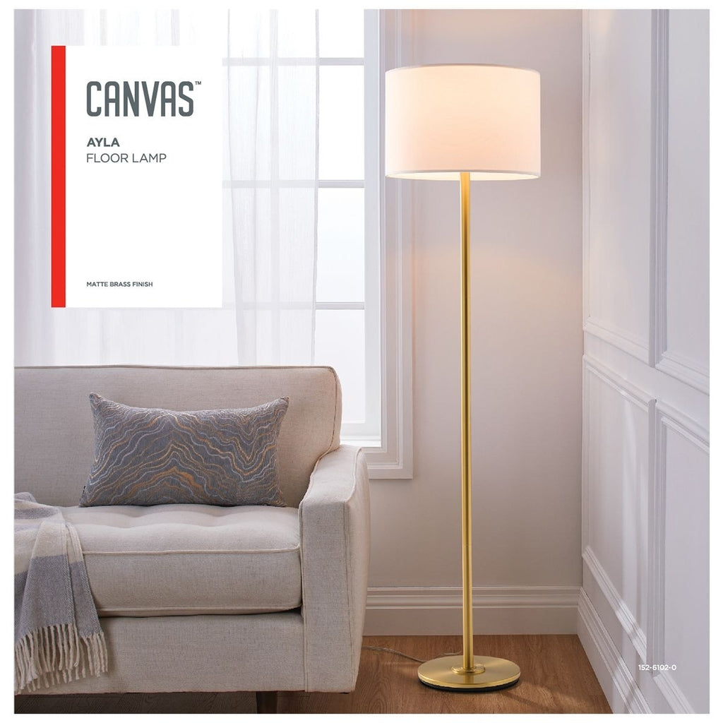 CANVAS White Drum Shade Floor Lamp, 16-in, Metallic Gold/Matte Brass