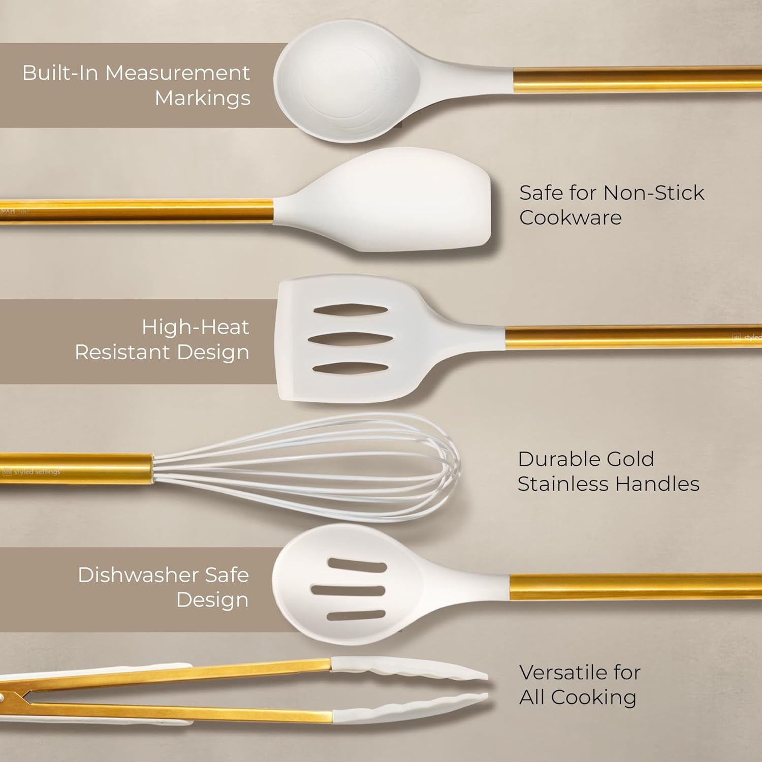 White Silicone and Gold Cooking Utensils Set