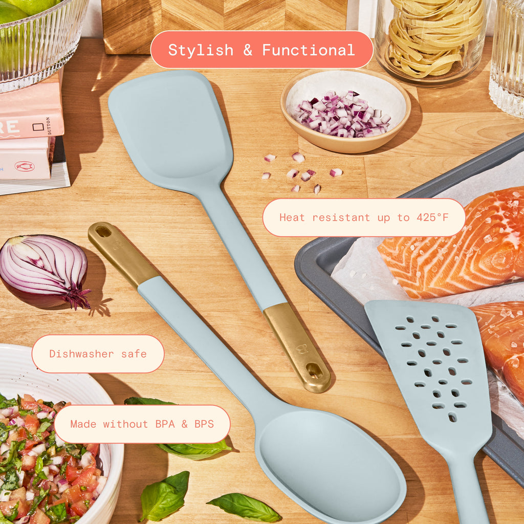 3-Piece Silicone Kitchen Utensil Tool Set, Porcini Taupe by Drew Barrymore