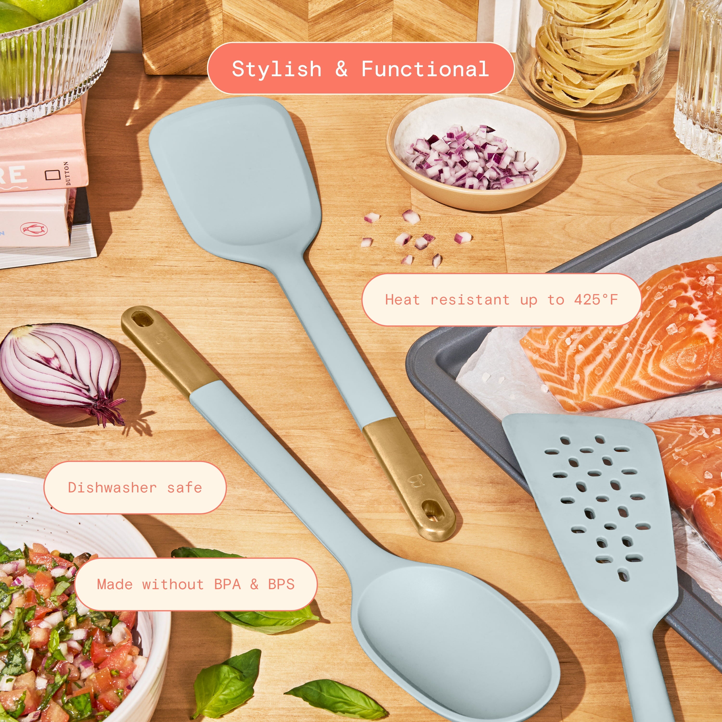 3-Piece Silicone Kitchen Utensil Tool Set, Porcini Taupe by Drew Barrymore