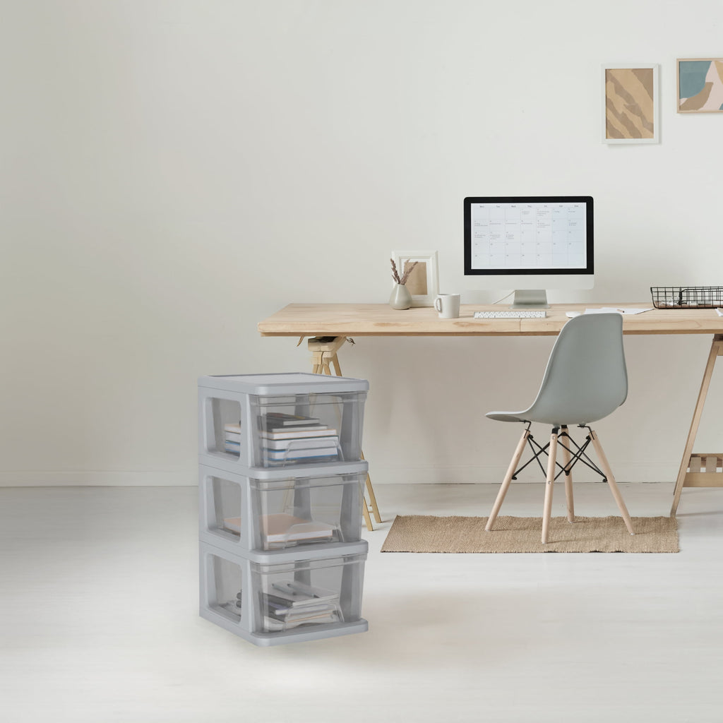 Knock Down Medium Storage Cart with Drawers, Silver Plastic