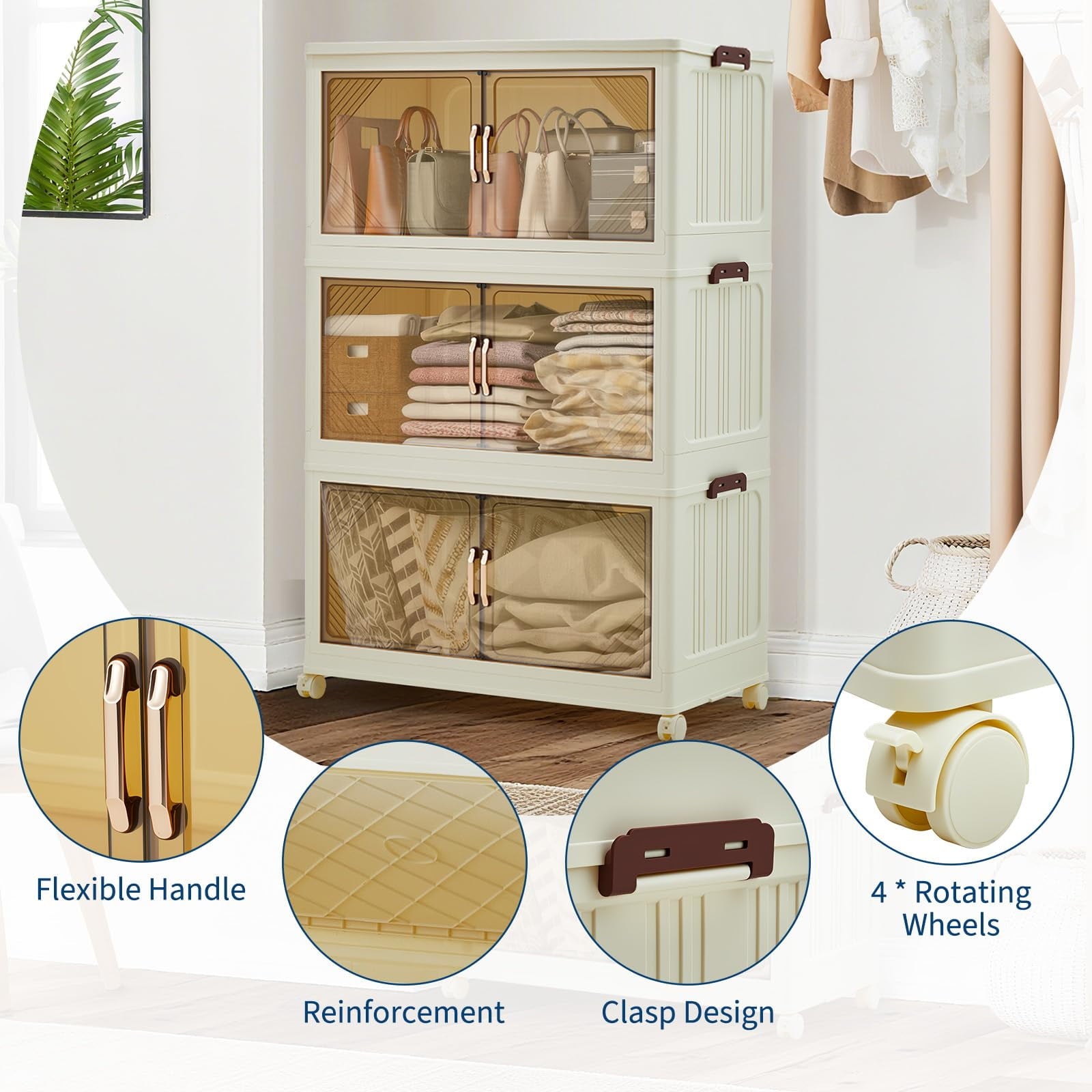 3 Tier Plastic Storage Bins with Lid 48QT, Storage Containers with Wheels, Folding Storage Boxes, with Magnetic Doors for Home,Office, Dorm Room