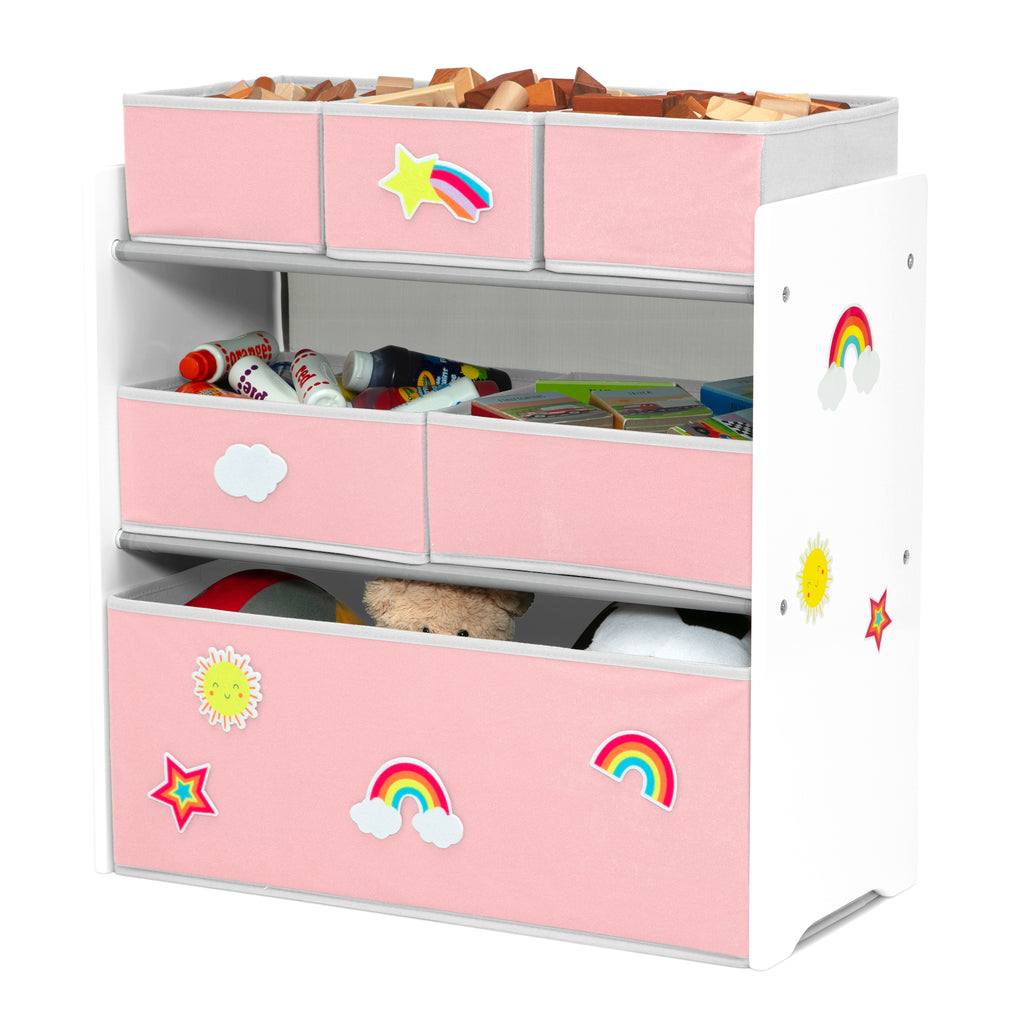 Design &amp; Store 6 Bin Toy Storage Organizer with Interchangeable Patches, Green/Pink