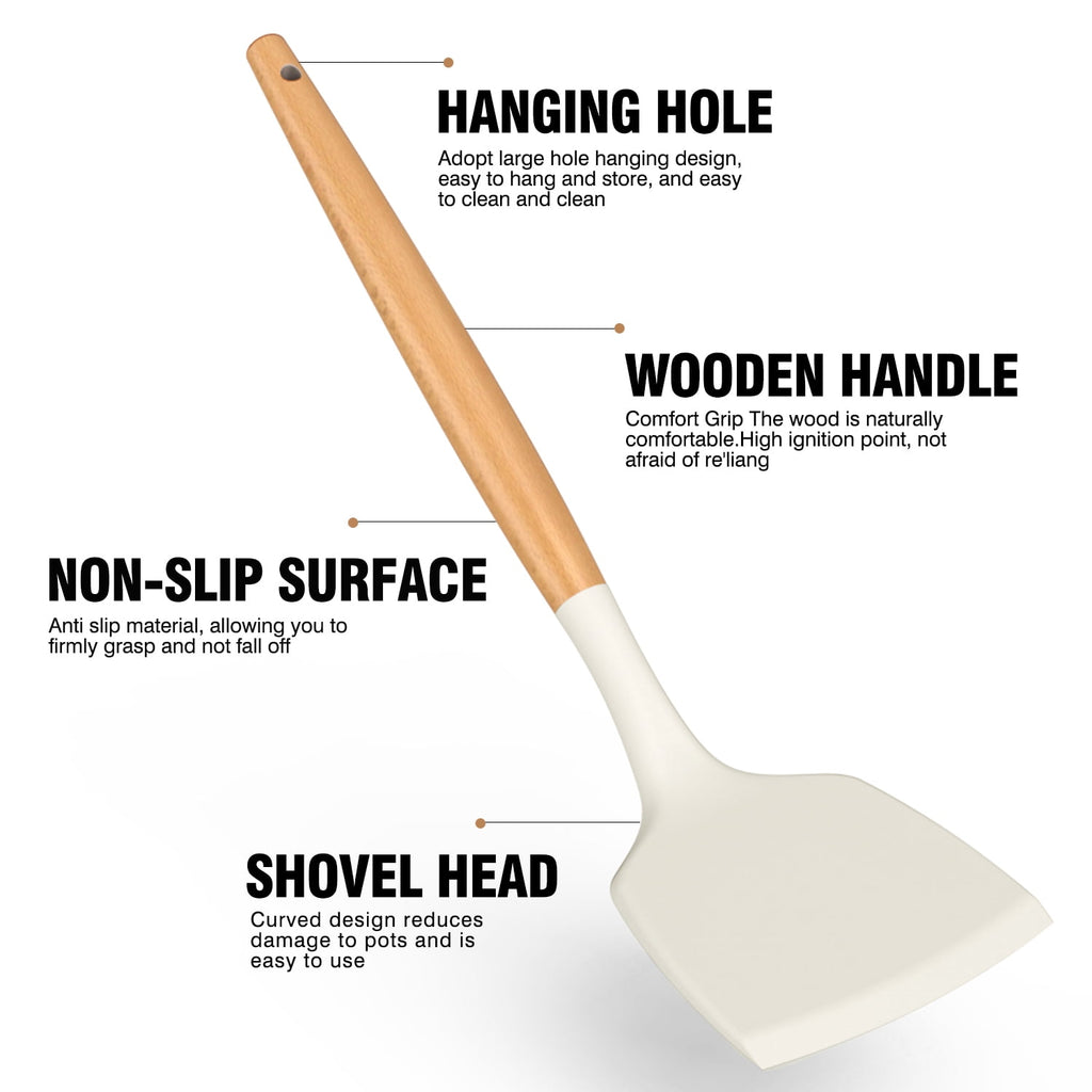 Kitchen Cooking Utensils Set, 33 pcs Non-stick Silicone Cooking Kitchen Utensils Spatula Set with Holder, Wooden Handle Silicone Kitchen Gadgets Utensil Set (Cream White)
