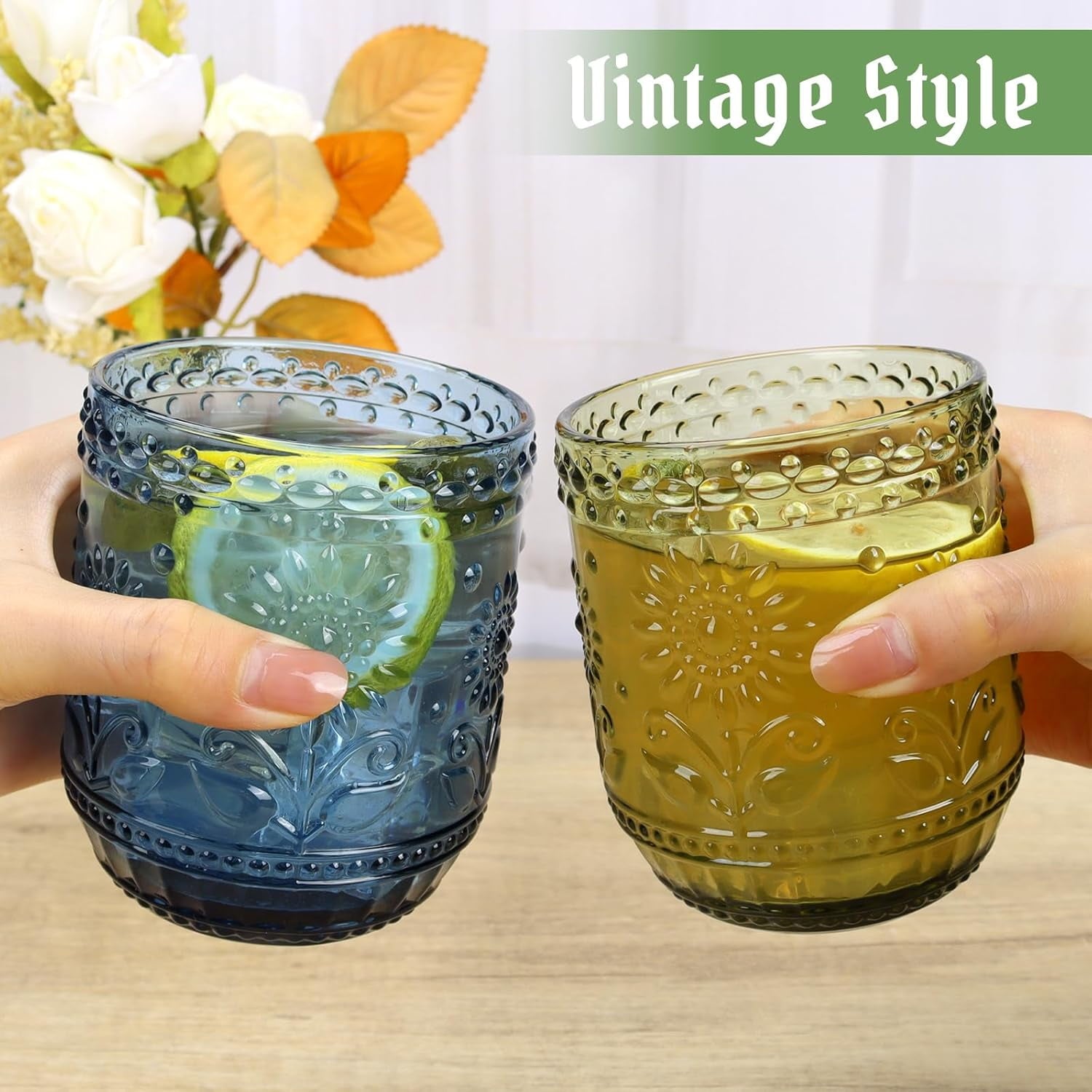 Vintage Drinking Glass Set of 4,12 oz Embossed Floral Drinkware Set,Green Drinking Glasses Cups Wine Glasses Colored Glassware for Whisky,Beer,Juice,Cocktail,Heavy Duty